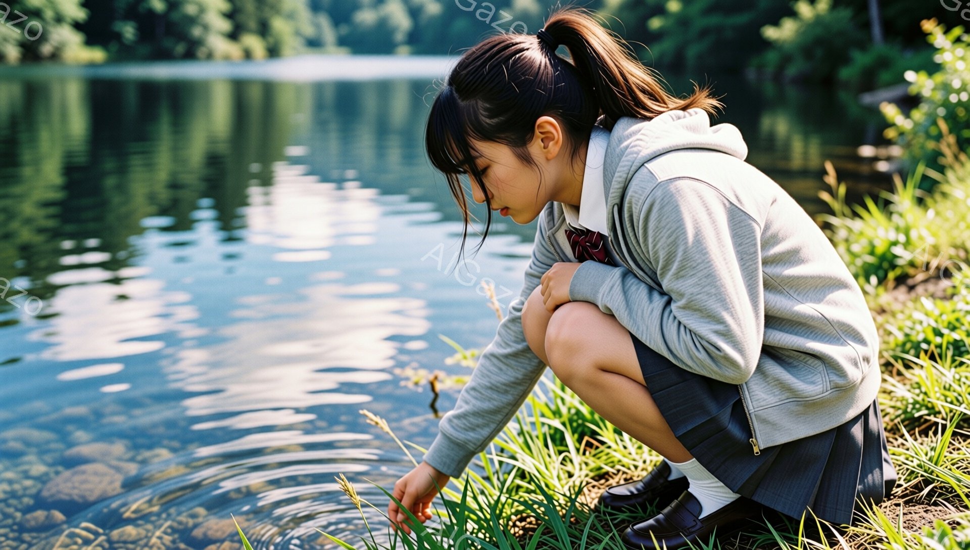 少女は制服姿で、湖のほとりでうずくまっている。セーラー服の上にグレーのカーディガンを羽織り、短いスカートと黒い靴を履いている。彼女は何かをじっと見つめており、顔は真剣で、周囲の緑豊かな自然とのコントラストが印象的だ。