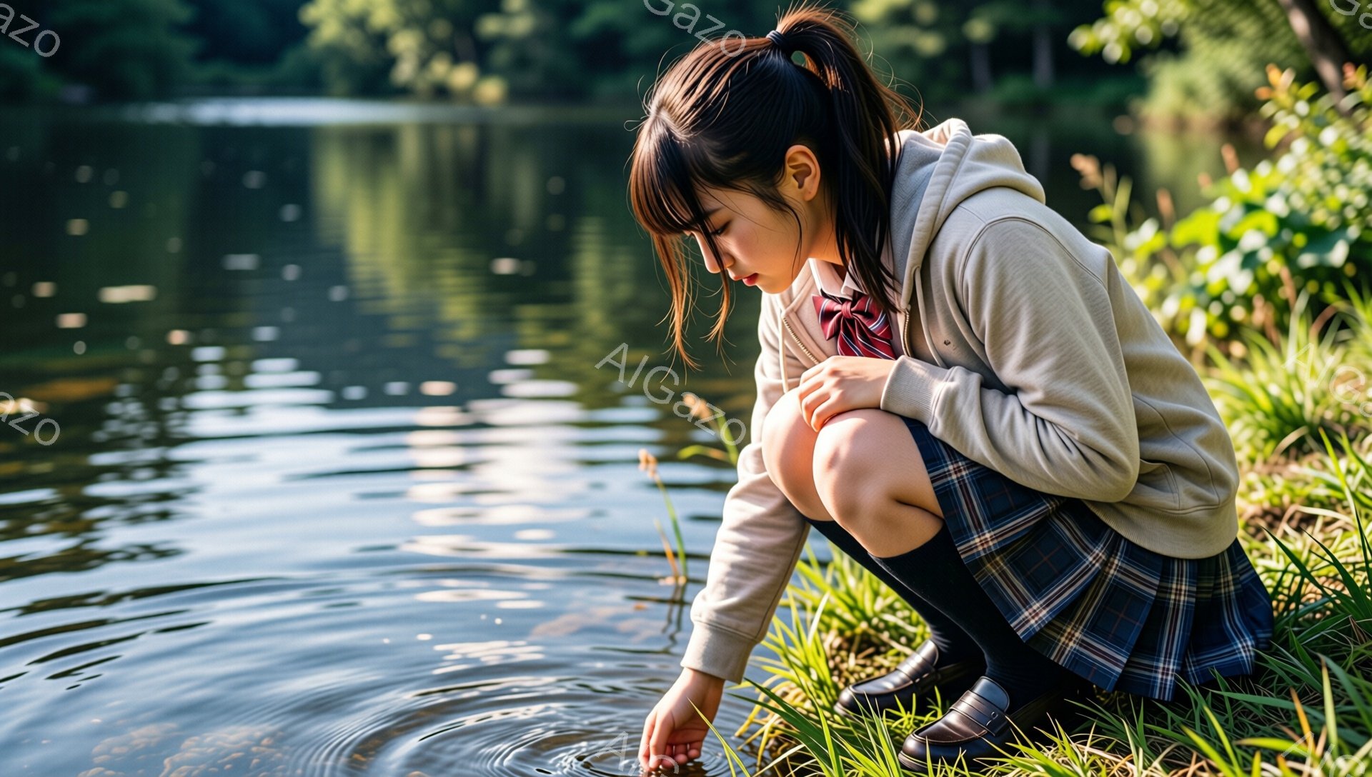 茶髪の少女が水辺に膝をついて何かを拾おうとしています。紺色のチェック柄のスカートと黒い靴下、ベージュのパーカーを着ており、表情は集中しています。背景には緑豊かな草地と水面が広がり、太陽の光が水面に反射してキラキラと輝いており、穏やかな雰囲気です。