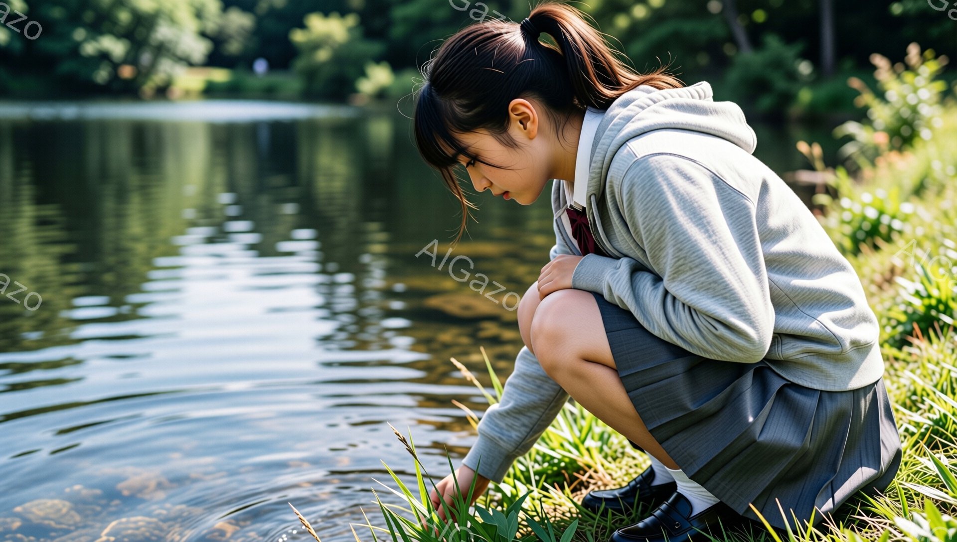 少女は、グレーのパーカーとチェック柄のスカート、黒い靴を履いて、水辺にしゃがんでいる。彼女は前かがみになり、何かを水の中にそっと触れようとしているようで、真剣な表情をしている。背景には緑豊かな木々と穏やかな水面が広がり、晴れた日の穏やかな雰囲気が感じられる。