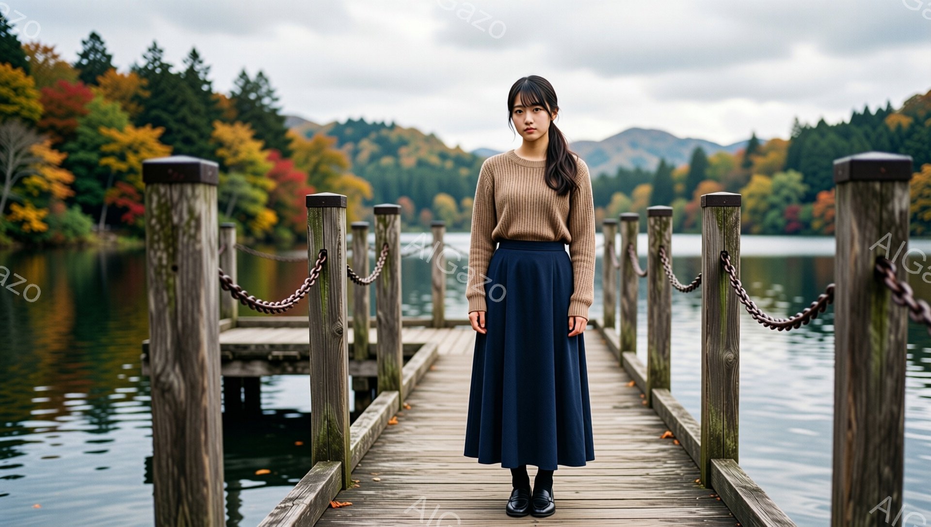 茶色のセーターと紺色のフレアスカートを身につけた若い女性が、桟橋の中央に立っている。彼女はストレートヘアで、表情は穏やかで落ち着いている。背景には、秋の紅葉に染まった山々と、静かな湖が広がり、どんより - AI生成フリー素材