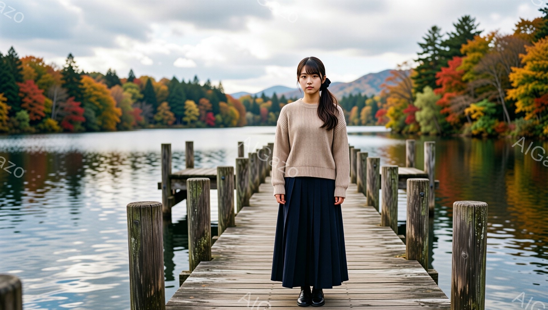 長い黒髪を後ろで一つにまとめた女性が、木製の桟橋の中央に立っている。ベージュのセーターと黒のプリーツスカートを身につけ、黒い靴を履いている。背景には、秋の紅葉が美しい山々と湖が広がり、どんよりとした曇り空が秋の寂しさを演出している。