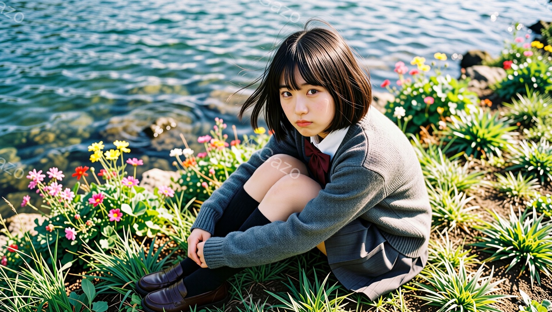 ショートカットの少女が花壇の中に膝を抱えて座っている。グレーのセーターとスカート、そして茶色のローファーを身に着け、赤いリボンがアクセントになっている。背景には水面が見え、鮮やかな花々が彼女を取り囲み、少し憂いを帯びた表情でこちらを見ている。