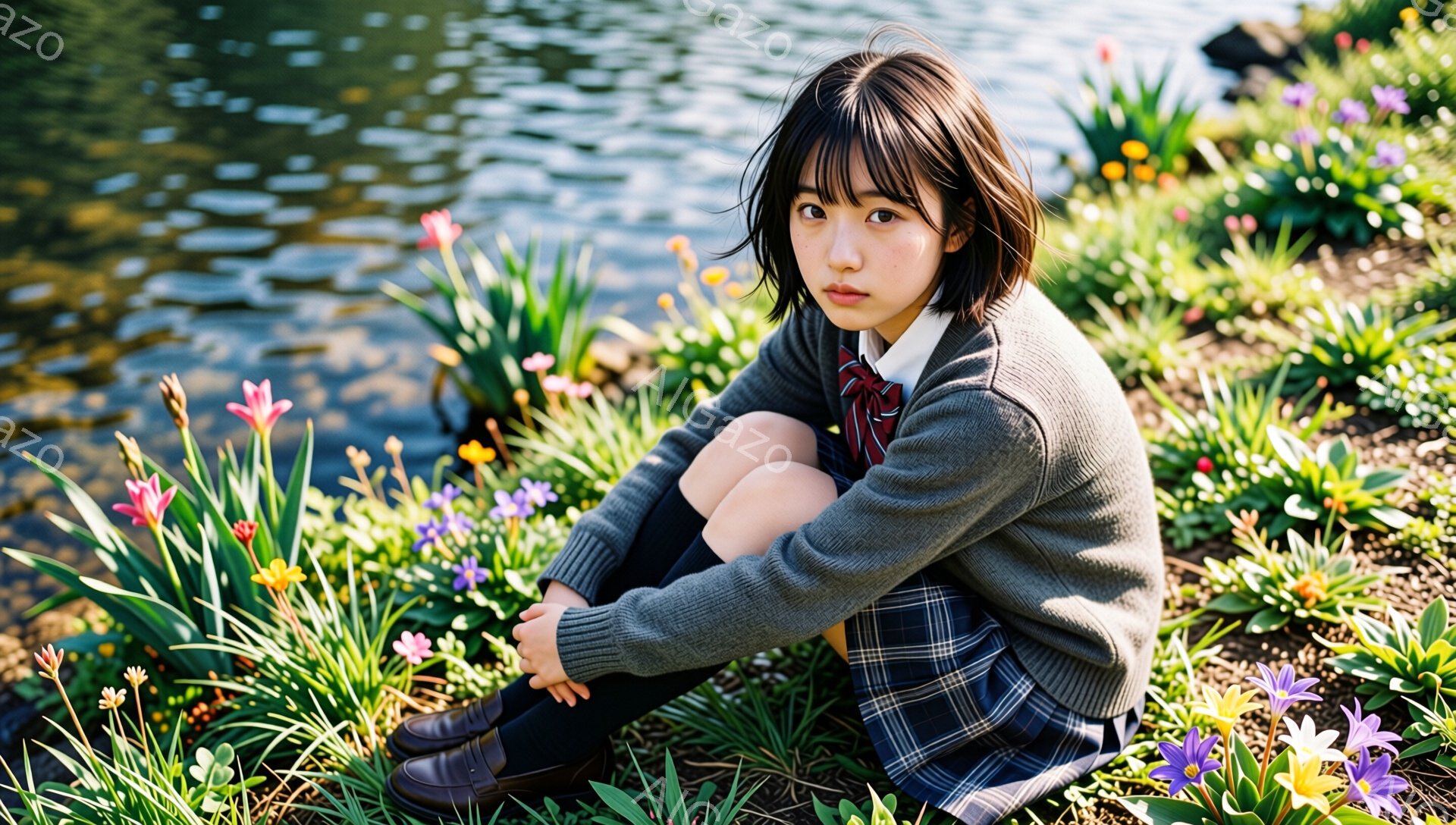 画像は、花壇の前にしゃがんでいる女子高生を描いています。彼女はグレーのカーディガン、チェック柄のスカート、黒い靴下、そして革の靴を着ており、髪は短く前髪を下ろしたスタイルです。彼女は少し憂いを含んだ表情で、カメラに向かってまっすぐ見つめています。