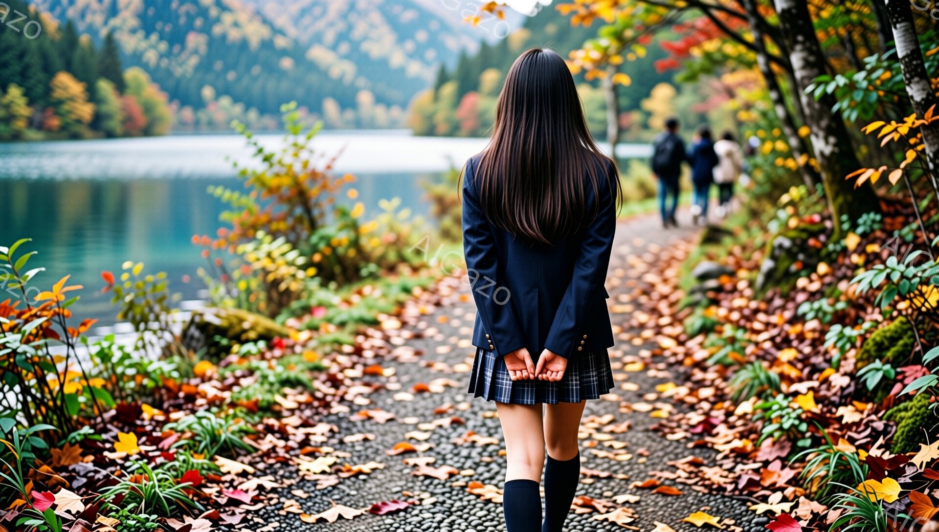 画像には、紺色のブレザーとチェック柄のスカート、黒いニーハイソックスを着用した若い女性が、落ち葉が敷き詰められた小道に立っている様子が映っています。彼女は後ろ向きで、両手を背中に当てており、長い黒髪が - AI生成フリー素材