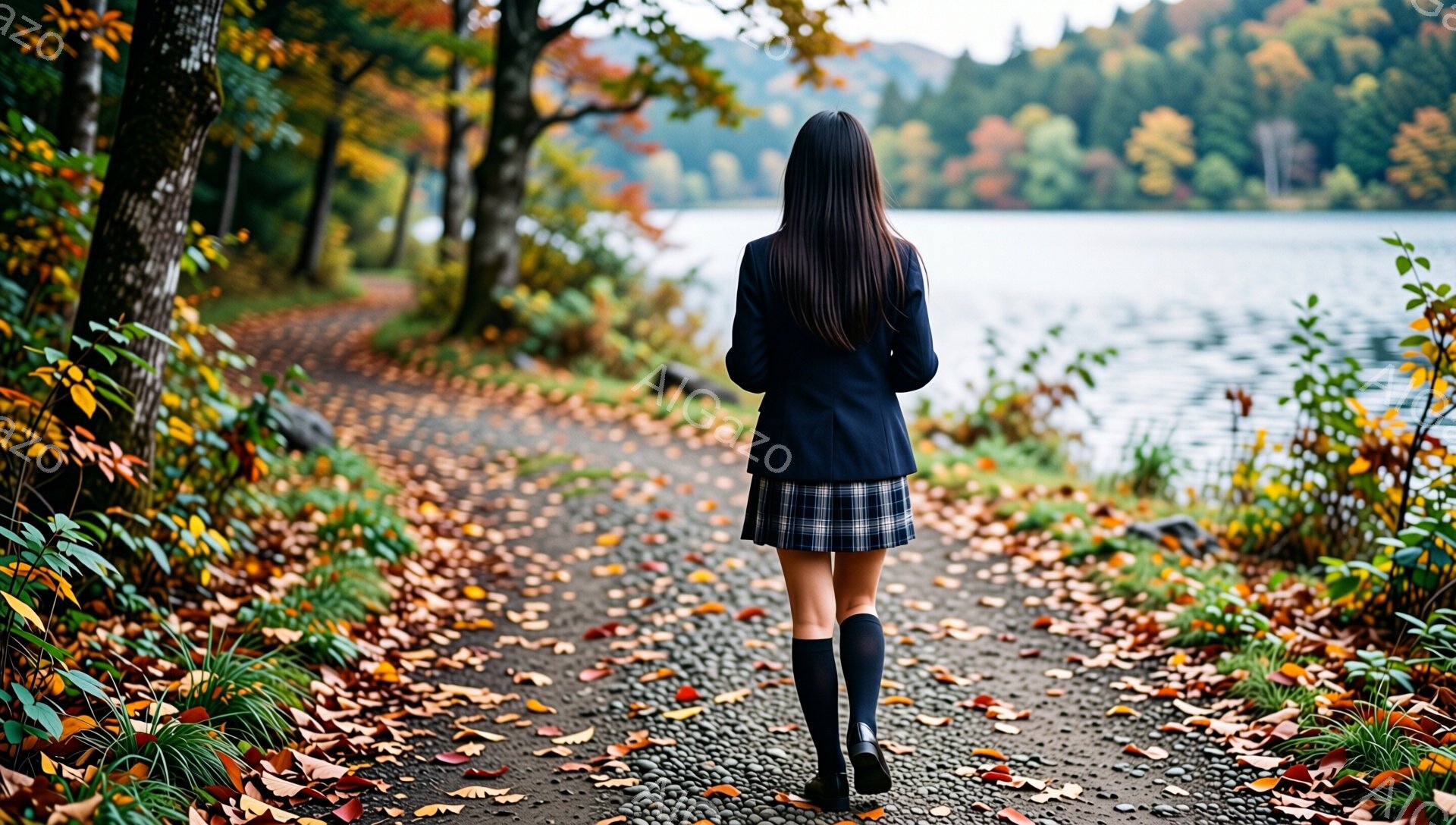 後ろ姿の女性が、落ち葉が散らばる小道を歩いている。紺色のブレザーとチェック柄のスカート、膝丈のソックス、黒い靴を履いている。背景には緑豊かな森林と穏やかな湖が広がり、秋の落ち着いた雰囲気が漂っている。 - AI生成フリー素材