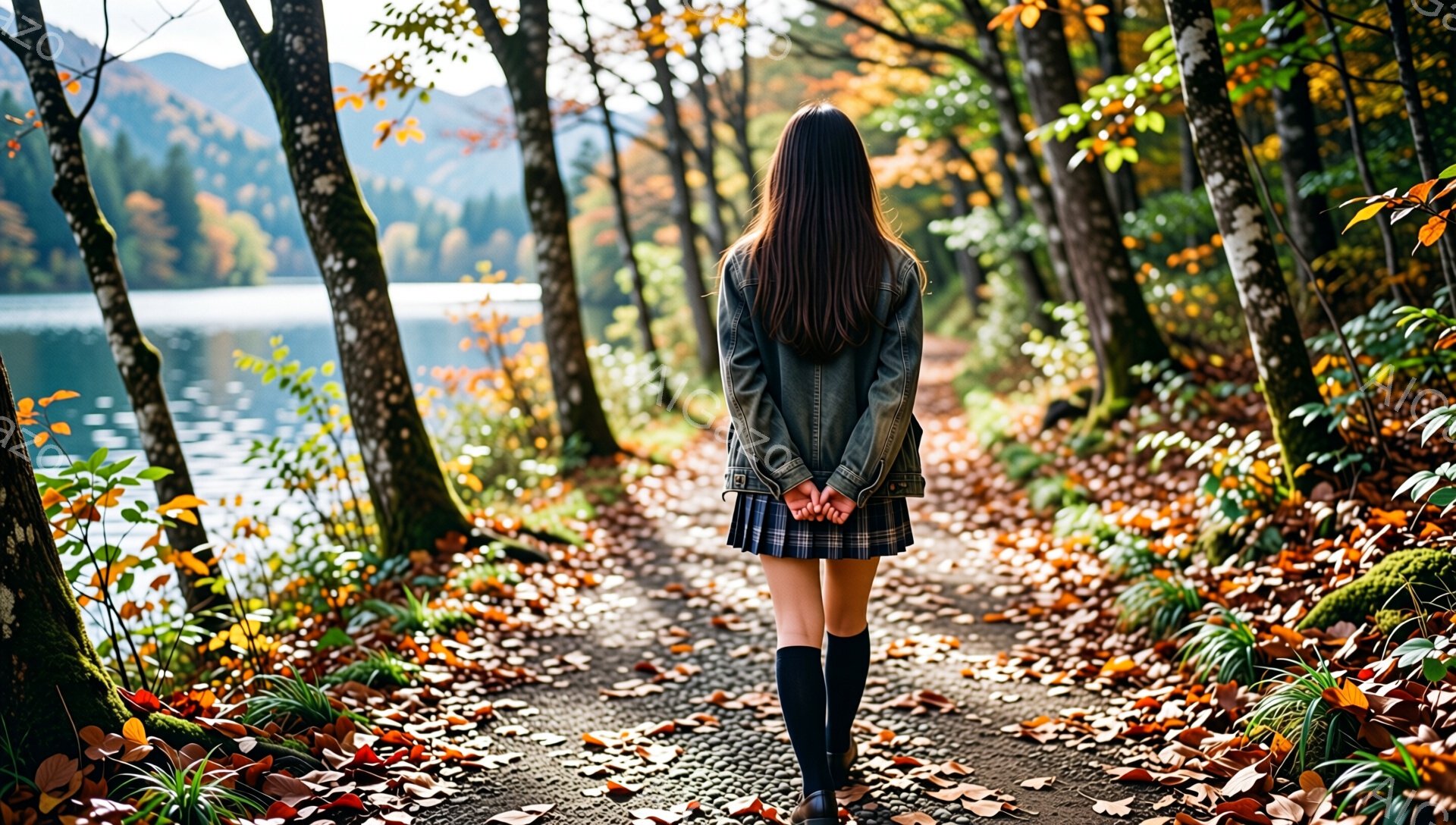 長い黒髪の女性が、秋の森の道を歩いている後ろ姿が捉えられている。紺色のジャケットとプリーツスカート、黒い膝下ソックスを履いている。背景には緑豊かな山々と、オレンジと黄色の落ち葉が敷き詰められた道が広が - AI生成フリー素材