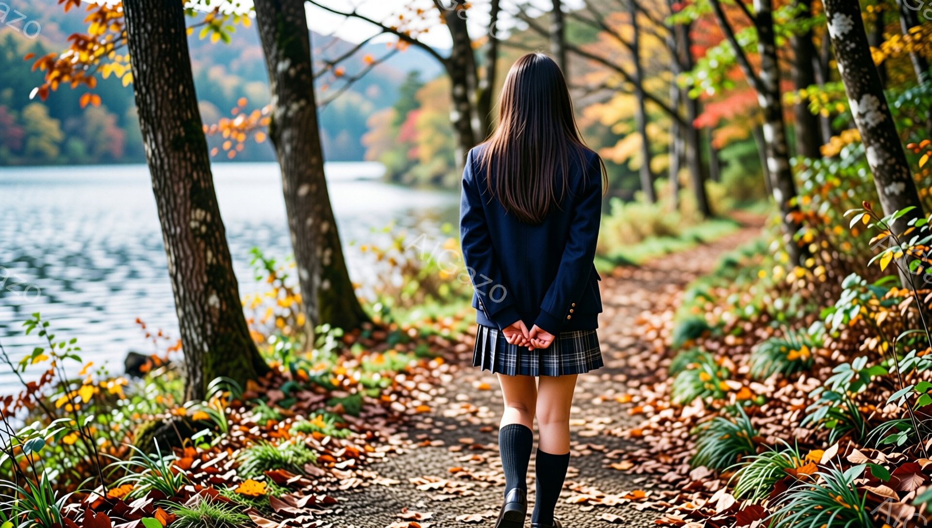後ろ姿の女子学生が、落ち葉が敷き詰められた小道を歩いている。紺色のブレザーとチェックのスカート、膝丈のソックスを履いた彼女は、秋の自然の中に溶け込んでいる。背景には湖と鮮やかな紅葉の木々が広がり、穏やかで物憂げな雰囲気が漂っている。