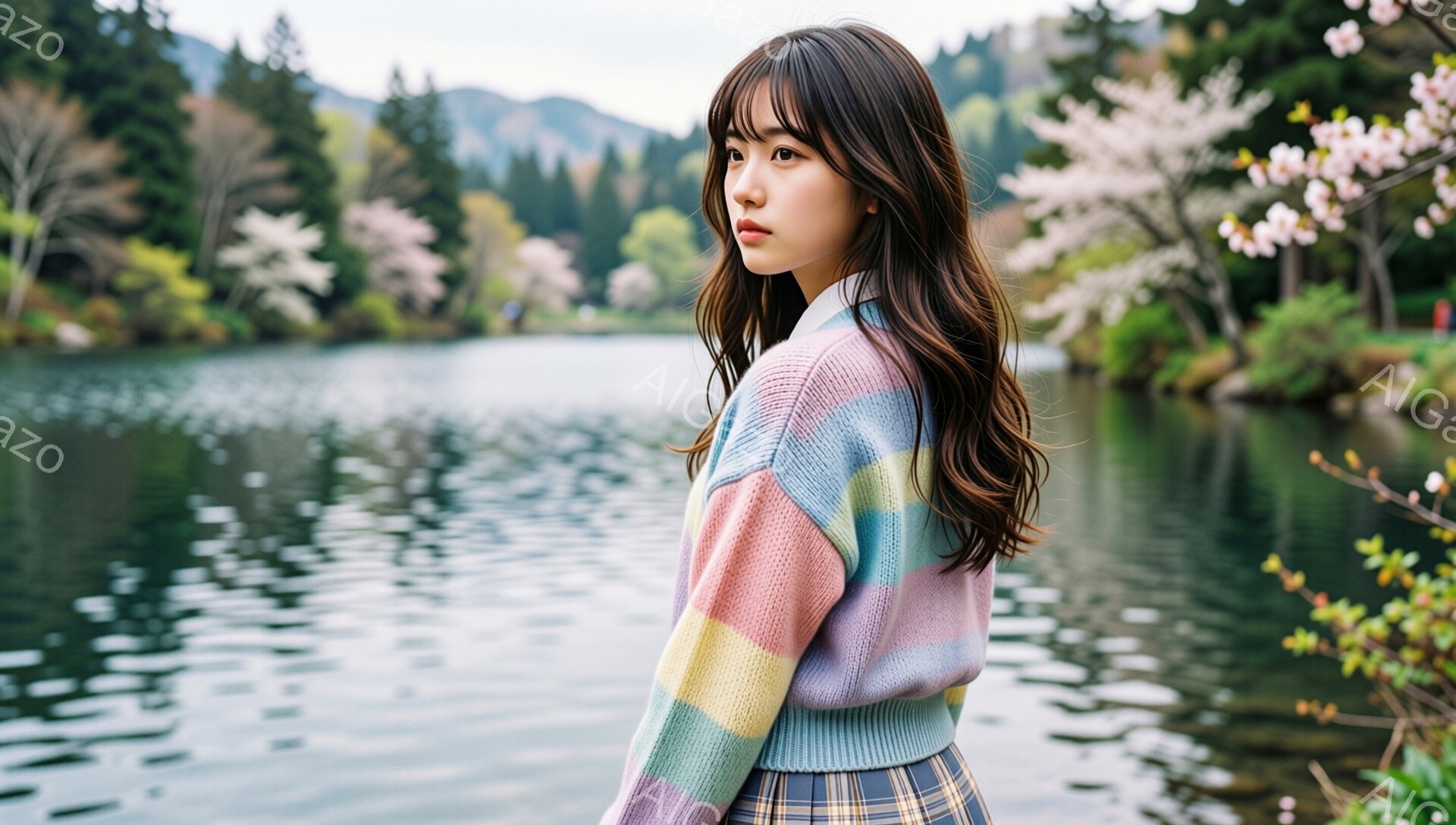 長いダークブラウンの髪を肩にかける若い女性が、カラフルなストライプのセーターとチェック柄のスカートを着ています。彼女は少し振り返り、穏やかで物憂げな表情をしています。背景には、桜の花が咲き誇る木々と、 - AI生成フリー素材