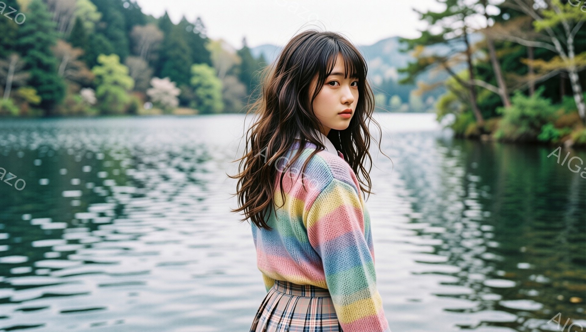 長い黒髪の女性が、パステルカラーのブロック状のセーターとチェック柄のスカートを着ています。彼女は少し振り返り、憂いのある表情でカメラを見つめており、その姿勢はリラックスしながらもどこか緊張を感じさせま - AI生成フリー素材