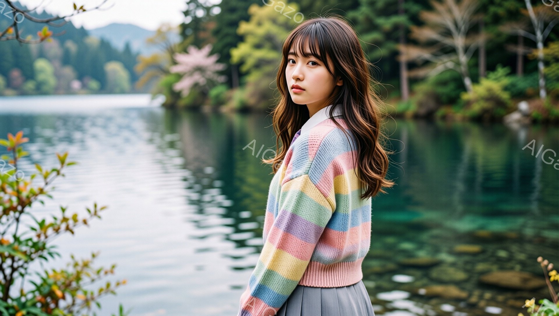 若い女性がカラフルなパステルカラーのセーターとグレーのスカートを身につけ、少し振り返ってこちらを見ている。彼女は肩までの長さのダークブラウンの髪で、前髪は軽く分けている。背景には緑豊かな山々と穏やかな - AI生成フリー素材