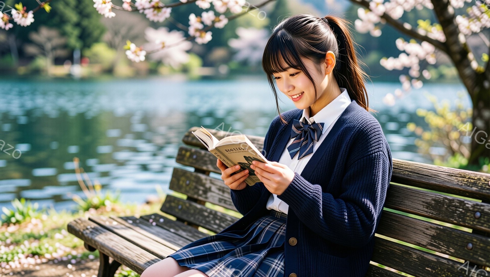 画像には、桜並木と湖を背景に、制服を着た若い女性がベンチに座って本を読んでいる姿が描かれています。彼女は紺色のセーラー服にチェック柄のスカートを着用し、肩まで伸ばした髪を軽くカールさせています。穏やかな笑顔を浮かべ、リラックスした雰囲気の中で読書を楽しんでいる様子がうかがえます。