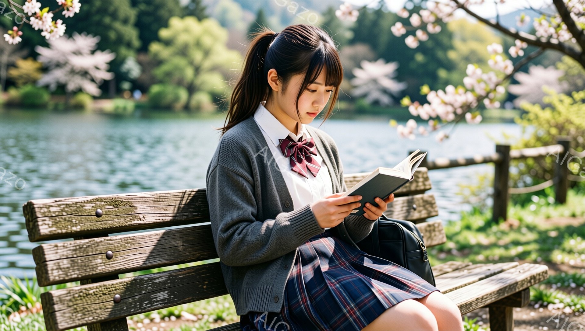 若い女性が公園のベンチに座り、本を読んでいる。彼女はチェック柄のスカートとグレーのカーディガン、白いシャツとリボンネクタイ姿で、髪はポニーテールにしている。背景には湖と桜の木々があり、穏やかで春らしい - AI生成フリー素材