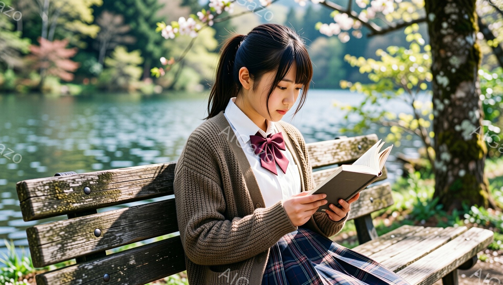 少女は木製のベンチに座り、本を読んでいます。彼女は白いシャツに茶色のカーディガン、チェック柄のスカートを着用し、髪はポニーテールに結ばれています。背景には湖と桜の木があり、穏やかで春らしい雰囲気が漂っ - AI生成フリー素材