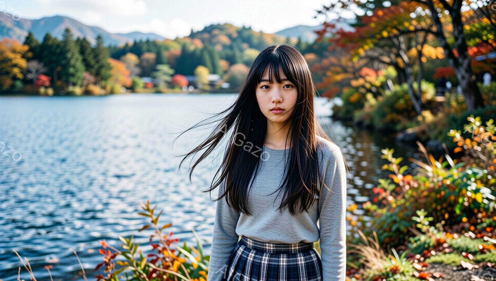 長い黒髪の女性が、湖のほとりに立っている。グレーの長袖シャツとチェック柄のスカートを着ており、少し物憂げな表情をしている。背景には、秋の紅葉で色づいた山々と青い湖が広がり、穏やかで少し寂しげな雰囲気を - AI生成フリー素材