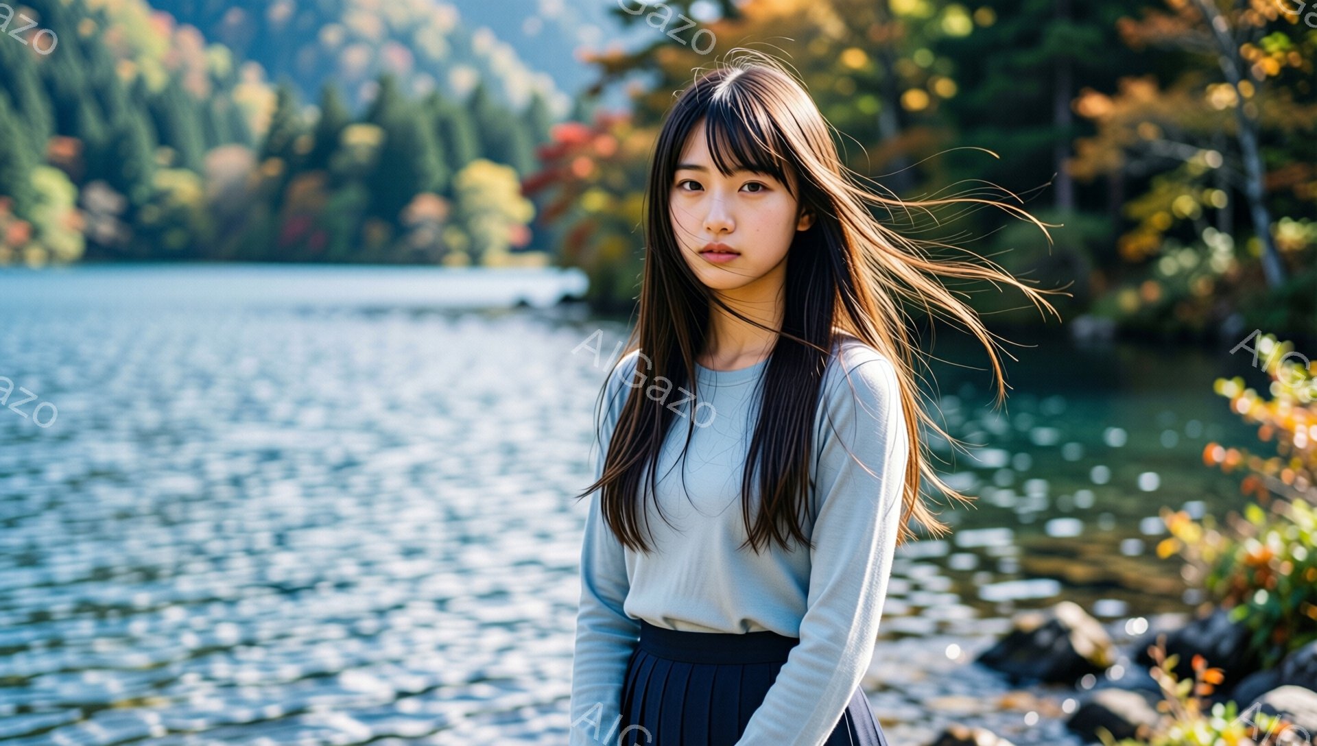 長い黒髪をなびかせ、薄いグレーの長袖シャツと黒いプリーツスカートを身に着けた女性が写っている。彼女はカメラに向かって少し微笑み、リラックスした表情をしている。背景には、緑豊かな山々と水面に光が反射する - AI生成フリー素材