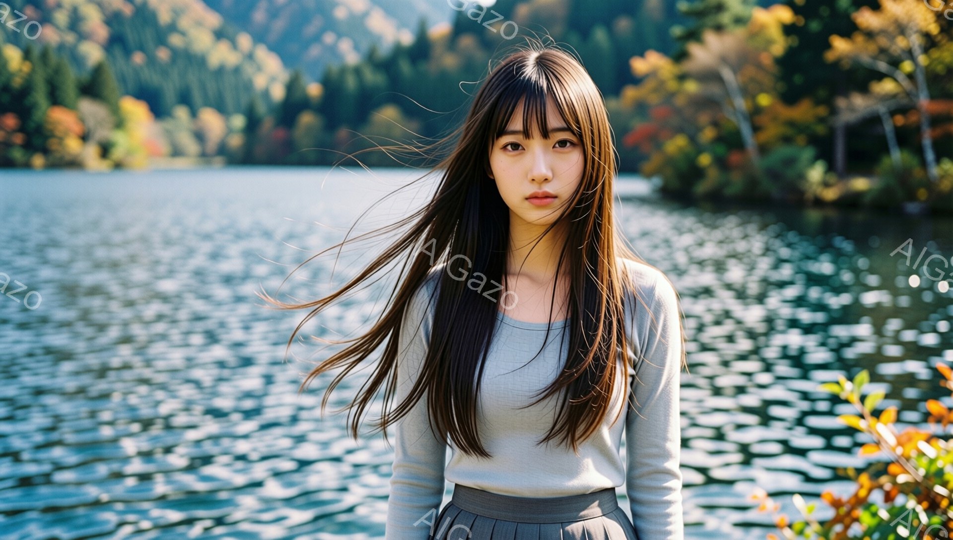 長い黒髪を風になびかせた若い女性が、穏やかな表情でこちらを見ている。グレーの長袖シャツと、プリーツスカートを身につけており、背景には穏やかな湖と秋色の山々が広がり、晴れた日の自然の中でリラックスした雰囲気が漂っている。水面には光が反射し、周囲の木々は赤や黄色に染まっており、季節の移り変わりを感じさせる。