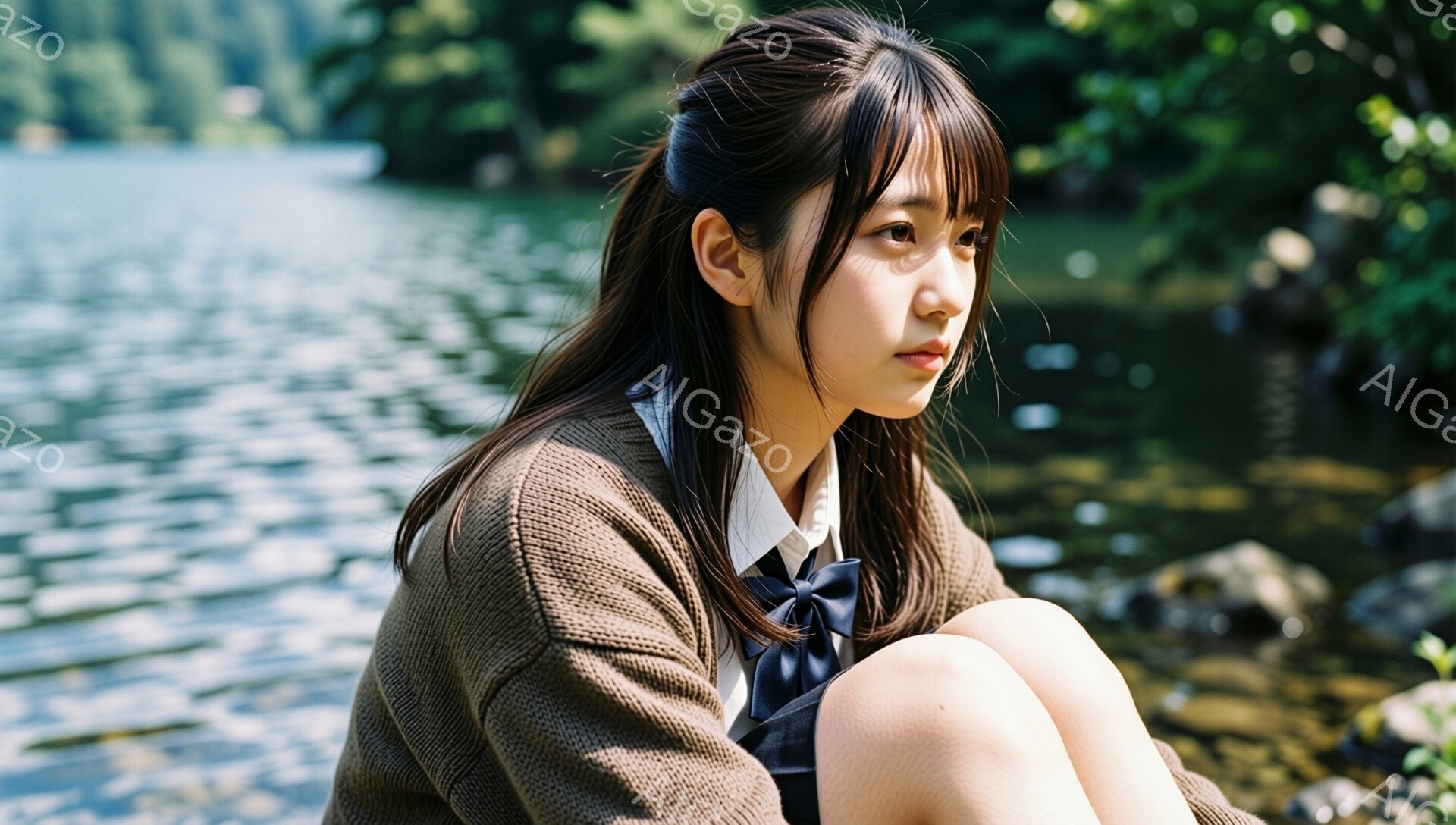 若い女性が膝を抱えて座っており、制服のような服装をしている。茶色のカーディガン、白いシャツ、紺色のリボン、チェックのスカートを着用し、黒髪を肩まで伸ばしている。背景には水面が輝く川があり、緑豊かな木々 - AI生成フリー素材