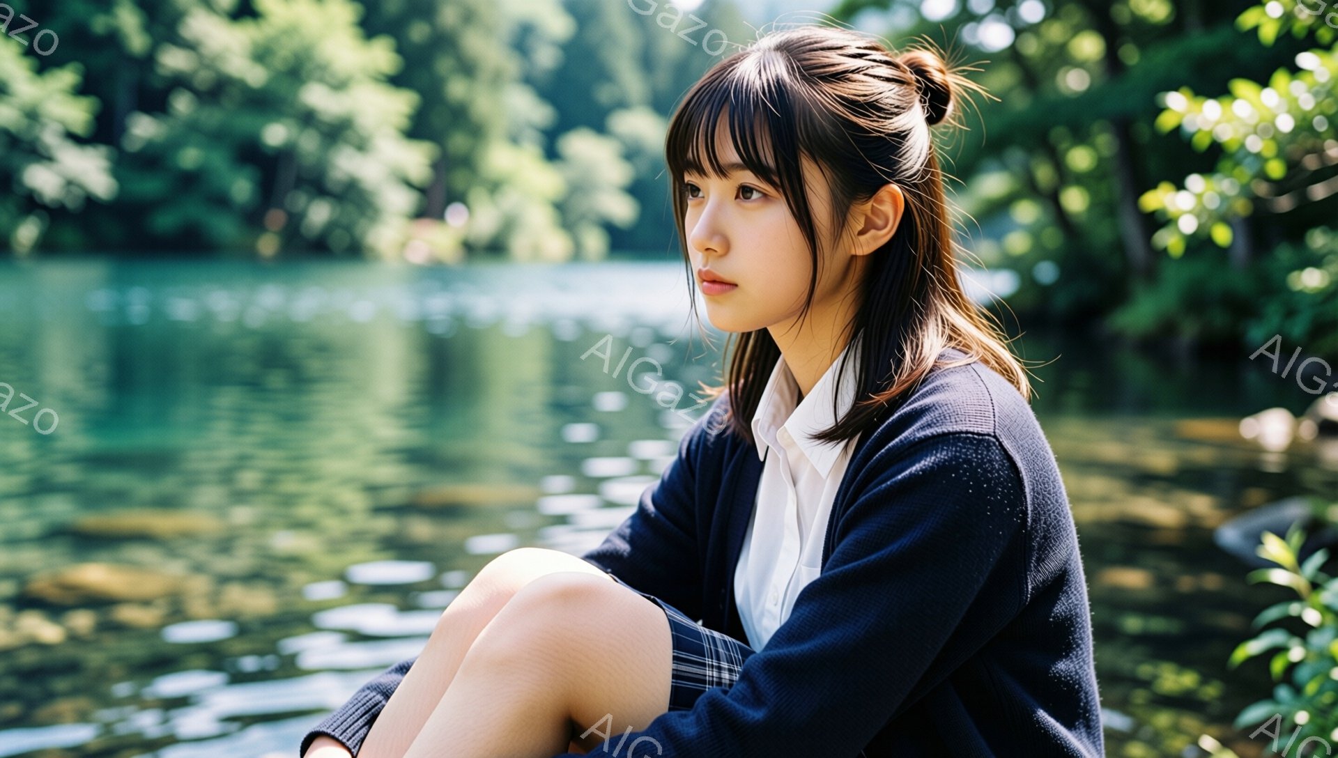 若い女性が湖のほとりで膝を抱えて座っている。紺色のカーディガンに白いシャツ、チェック柄のスカートという制服姿で、少し物憂げな表情をしている。背景には緑豊かな木々が生い茂り、水面は太陽の光を反射してキラキラと輝いている。