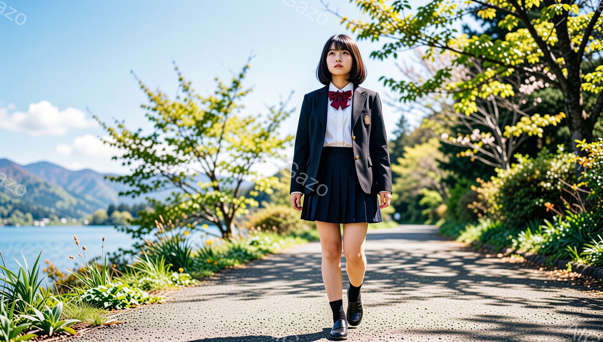 制服を着た若い女性が、アスファルトの道の中央を歩いている。彼女は黒いブレザー、プリーツスカート、赤いリボン、黒い靴下と靴を着用し、黒髪を肩の長さで整えている。背景には湖、山々、緑豊かな植物が見え、晴れた日の穏やかな雰囲気を醸し出している。