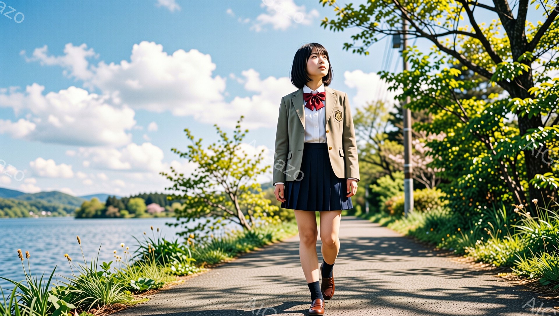 制服を着た少女が、湖沿いの道を歩いている。彼女は茶色の髪を肩まで伸ばし、紺色のリボンとチェック柄のブラウスを合わせている。背景には緑豊かな山々と青い空が広がり、春らしい穏やかな雰囲気が漂っている。 - AI生成フリー素材