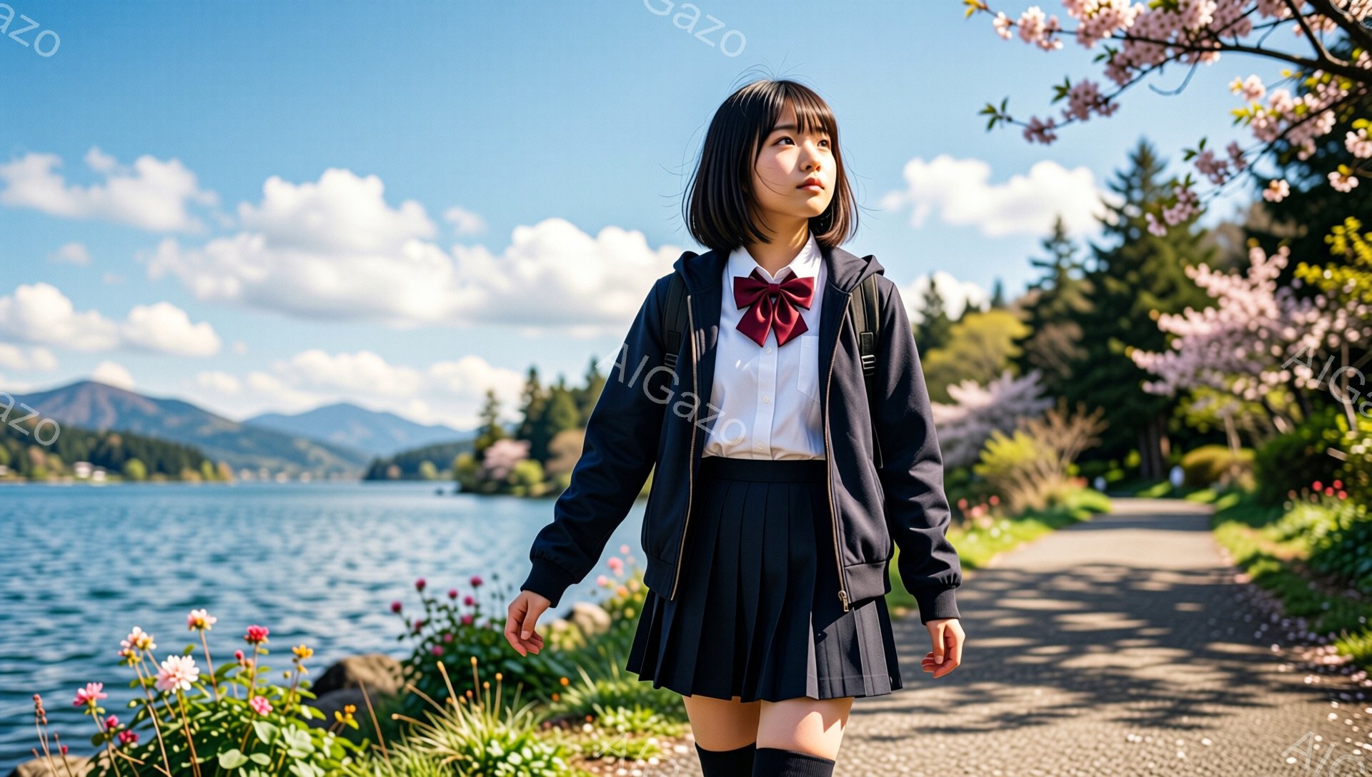 黒髪のボブヘアで、白いシャツに赤いリボン、黒いセーラー風のジャケットとプリーツスカートを身につけた少女が写っている。彼女は少し上目遣いで遠くを見つめ、肩にリュックサックを背負い、湖沿いの道を歩いている。背景には青い湖、緑の山々、そしてピンク色の桜が咲き誇り、晴れた日の穏やかな春の雰囲気が漂っている。