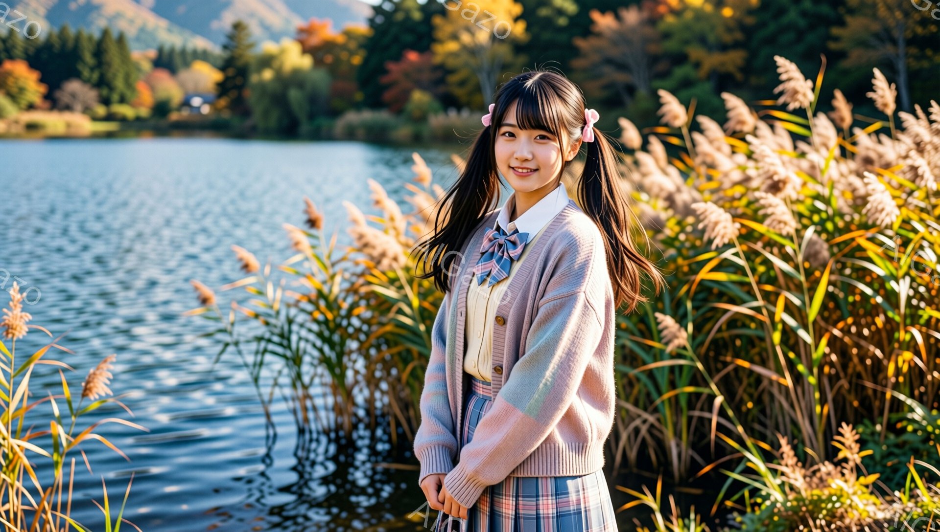 若い女性が、湖のほとりの背の高い葦の間に立っています。彼女はチェック柄のスカートと、薄いピンク色のカーディガンを羽織った制服を着ており、明るい笑顔を見せています。背景には、色とりどりの紅葉と緑豊かな山々が見え、穏やかで秋らしい雰囲気です。