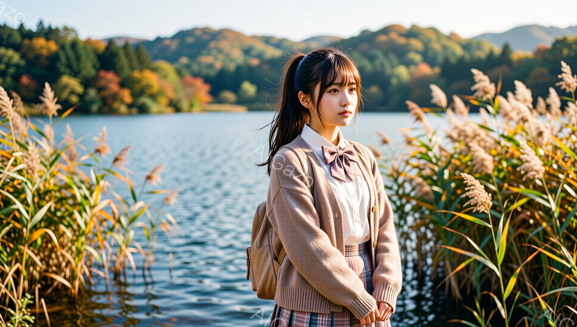 若い女性が湖のほとりに立っている。ベージュのカーディガン、白いシャツ、チェック柄のスカート、そしてリュックサックを身に着けており、髪はポニーテールに結われている。背景には、緑と赤で色づいた山々と湖面が広がり、穏やかで秋らしい雰囲気が漂っている。