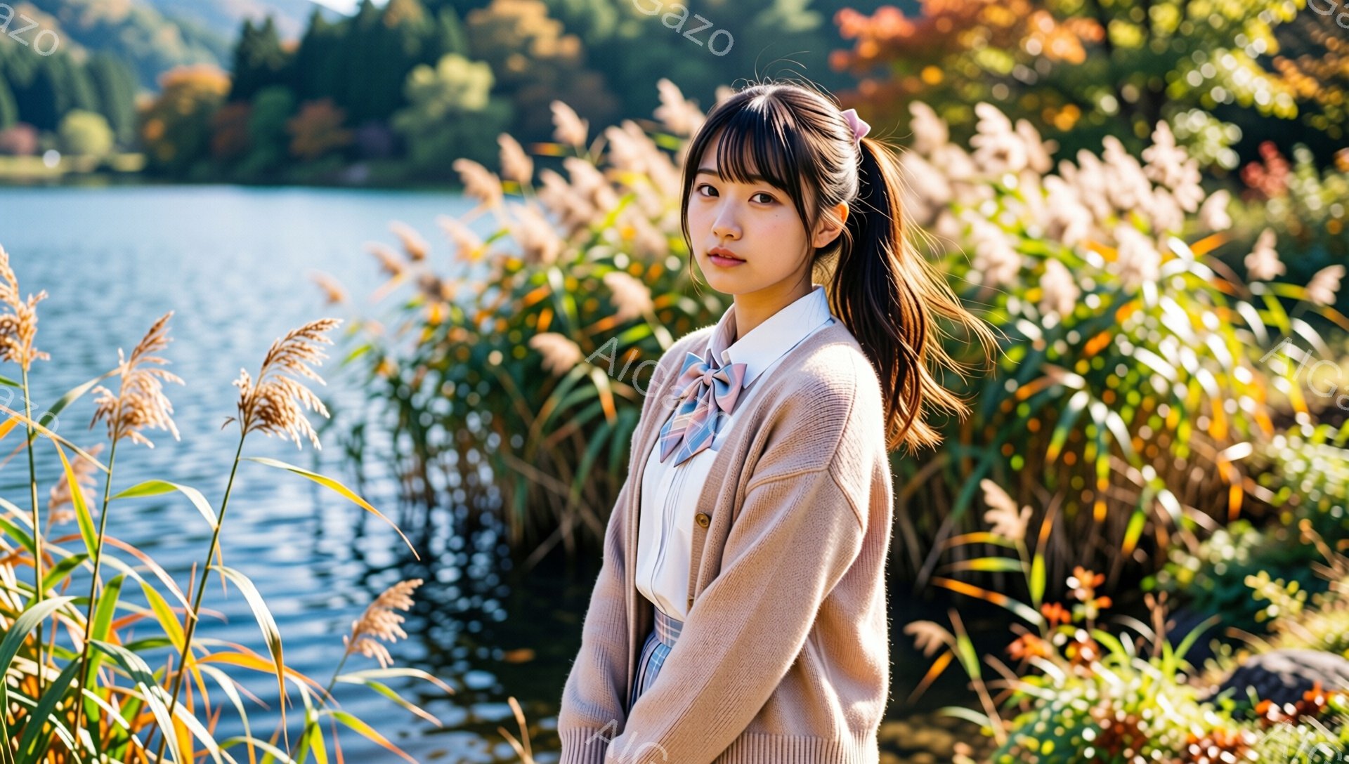 若い女性が、茶色のカーディガンと白いシャツ、チェック柄のスカートという制服姿で写っている。彼女は肩までの長さの黒髪で、後ろでポニーテールにし、前髪は眉毛にかかるように整えられている。背景には水面と、ススキや紅葉した植物が広がり、秋の穏やかな雰囲気を醸し出している。