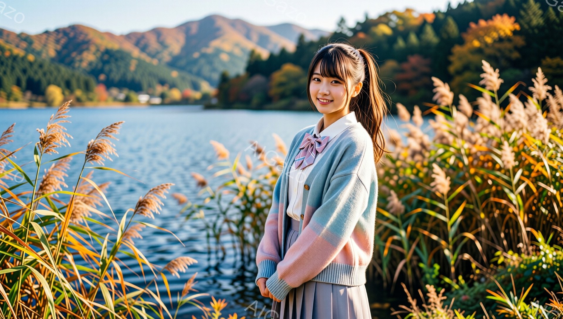 長い髪をポニーテールにした若い女性が、湖のほとりで微笑んでいます。水色のカーディガンに薄いピンク色のストライプのシャツ、グレーのスカートを着用し、秋らしい装いです。背景には、緑豊かな山々と、色とりどりの草が生い茂る湖が広がっており、穏やかで美しい雰囲気を醸し出しています。