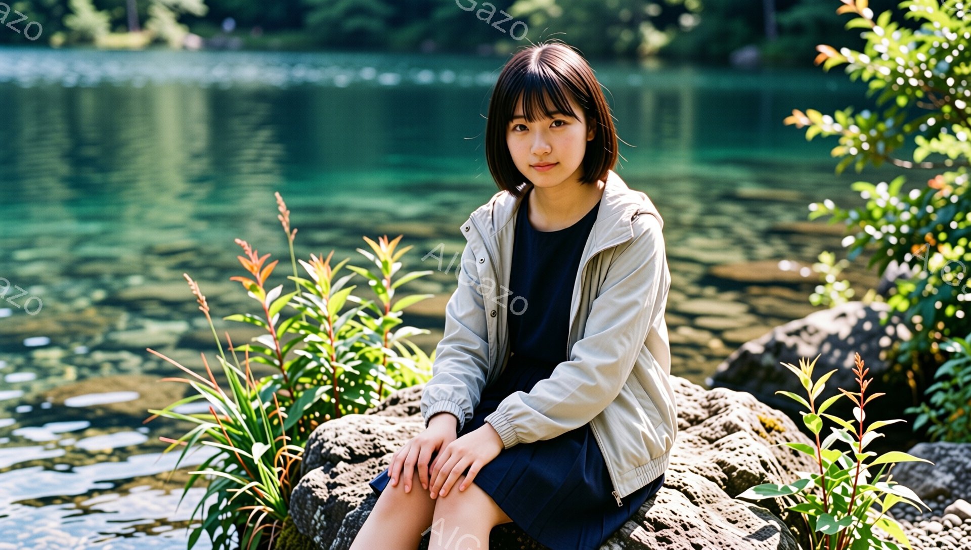 若い女性が岩の上に座っており、黒いスカートとベージュのジャケットを着ています。彼女は短い前髪と肩までの長さの髪を持ち、穏やかな笑顔を浮かべています。背景には緑豊かな木々と澄んだ水面が広がり、晴れた日の - AI生成フリー素材