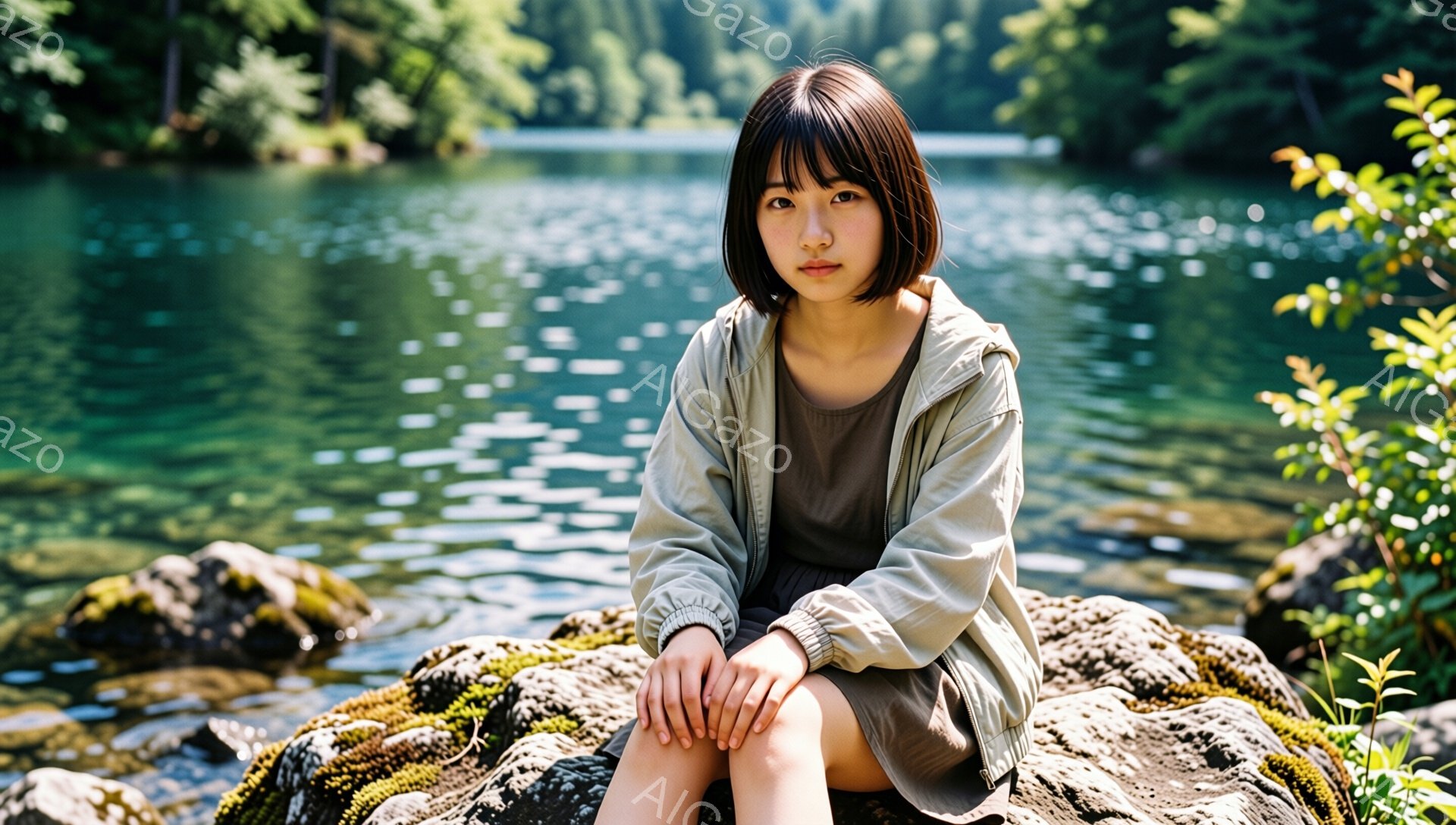 若い女性が湖のそばの岩の上に座っており、膝を抱えています。彼女は薄い緑色のジャケットと膝丈のワンピースを着ており、黒いショートヘアに整髪されています。背景には緑豊かな森林と穏やかな湖が広がっており、日差しが水面を照らし、静かで穏やかな雰囲気を醸し出しています。