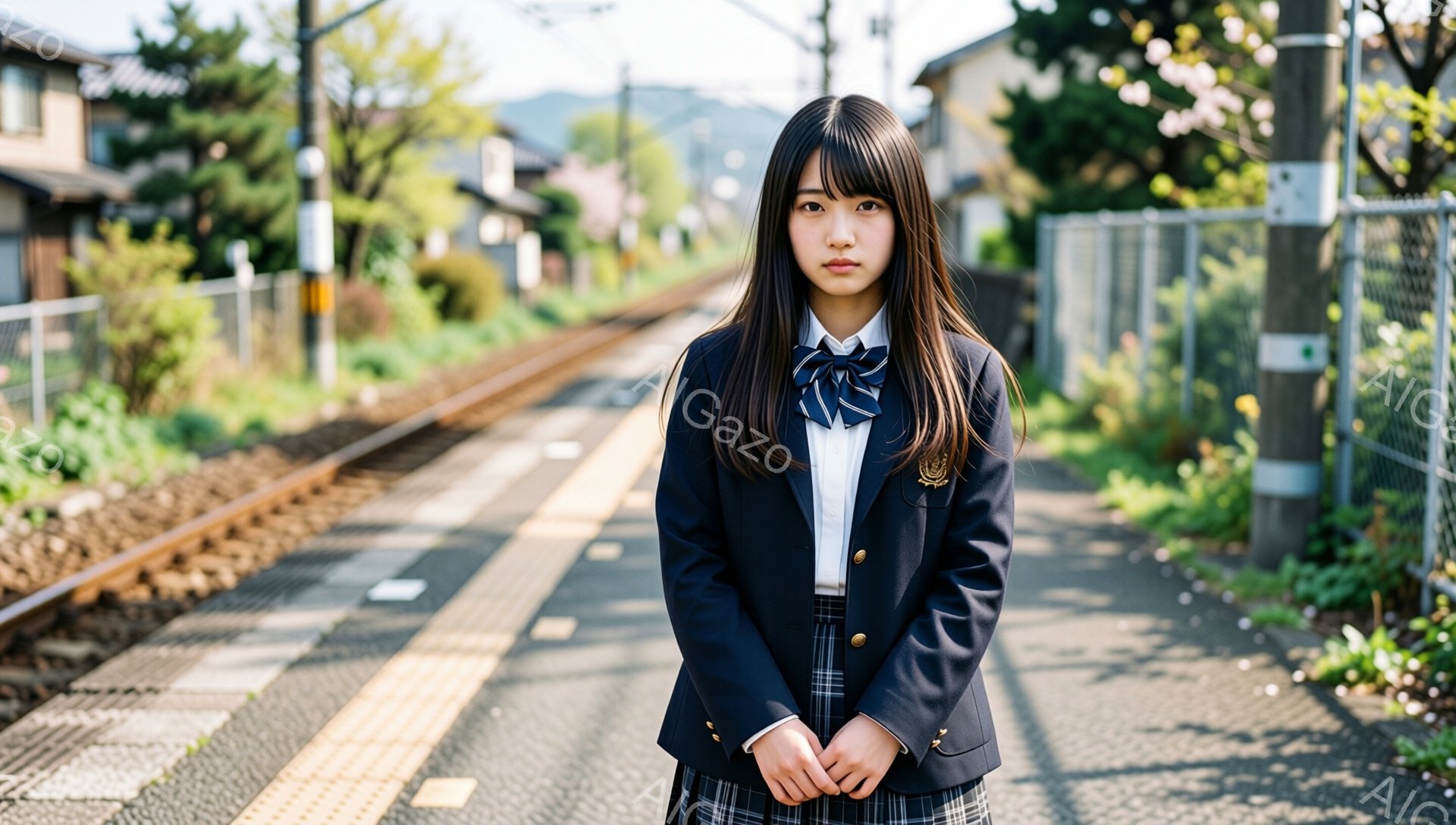 制服を着た若い女性が、踏切の線路脇に立っている。彼女は濃いブラウンの長い髪で、前髪は眉毛にかかるように切り揃えられている。彼女の表情はやや硬く、両手を前に組んでおり、背景には線路、フェンス、そして遠くの山々が見える。