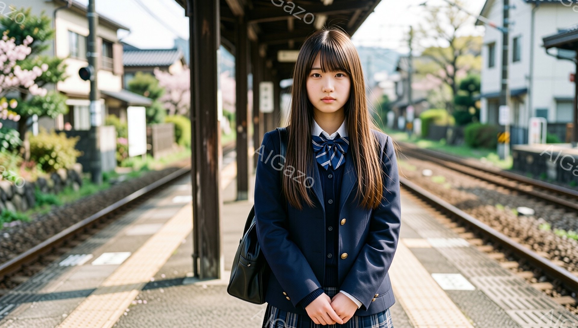 制服を着た若い女性が、踏切のプラットフォームに立っている。彼女は紺色のブレザーにチェック柄のスカート、ネクタイ、そして長いストレートヘアで、少し物憂げな表情をしている。背景には、日本の住宅街と線路が広がり、春の訪れを感じさせる桜の木々が咲き誇っている。