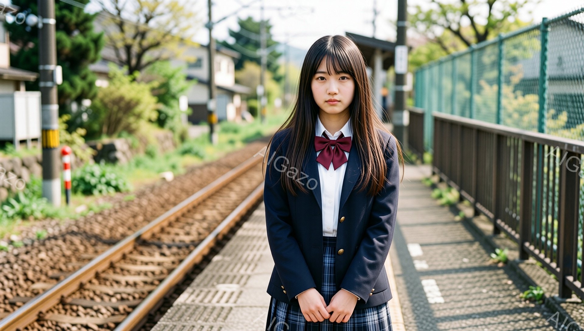 制服を着た女子高生が、鉄道の線路脇のホームに立っている。彼女は紺色のブレザーにチェック柄のスカート、赤いリボンを着用し、少し憂いを帯びた表情で正面を見つめている。背景には緑豊かな木々とフェンス、そして - AI生成フリー素材
