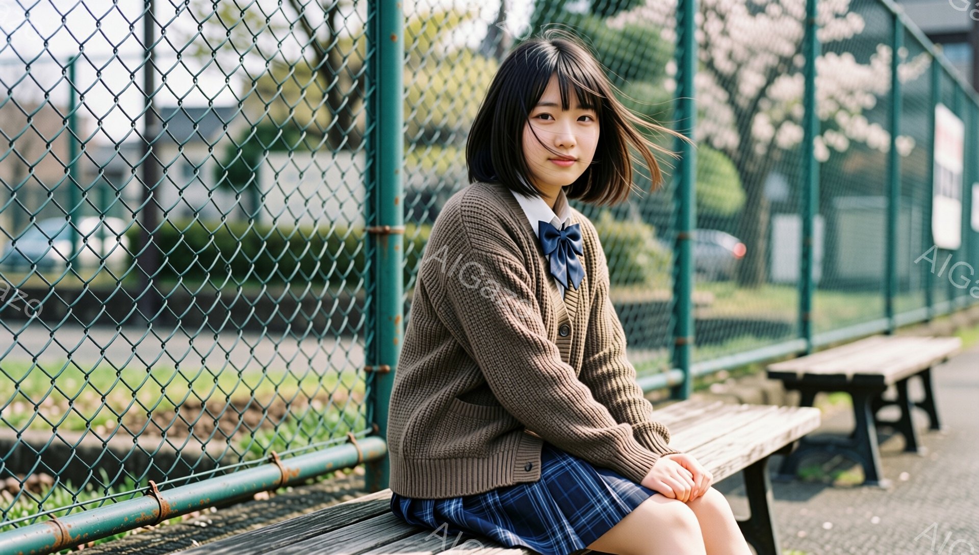画像は、制服を着た若い女性が公園のベンチに座っている様子を捉えています。彼女は茶色のカーディガン、チェック柄のスカート、ネイビーのリボンをつけており、黒髪のショートボブヘアに整えられています。背景には - AI生成フリー素材