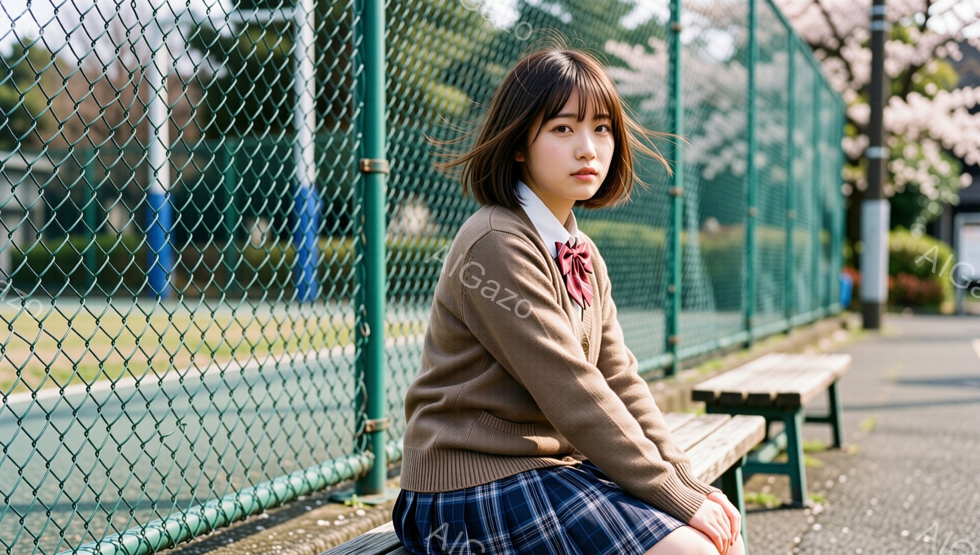 制服姿の女子高生が、緑色のフェンスとテニスコートを背景にベンチに座っています。彼女はベージュのカーディガン、チェック柄のスカート、そして赤いネクタイを身につけ、前髪を斜めに下ろしたショートヘアスタイルです。少し物憂げな表情でこちらを見ており、春の穏やかな日差しが彼女を照らしています。