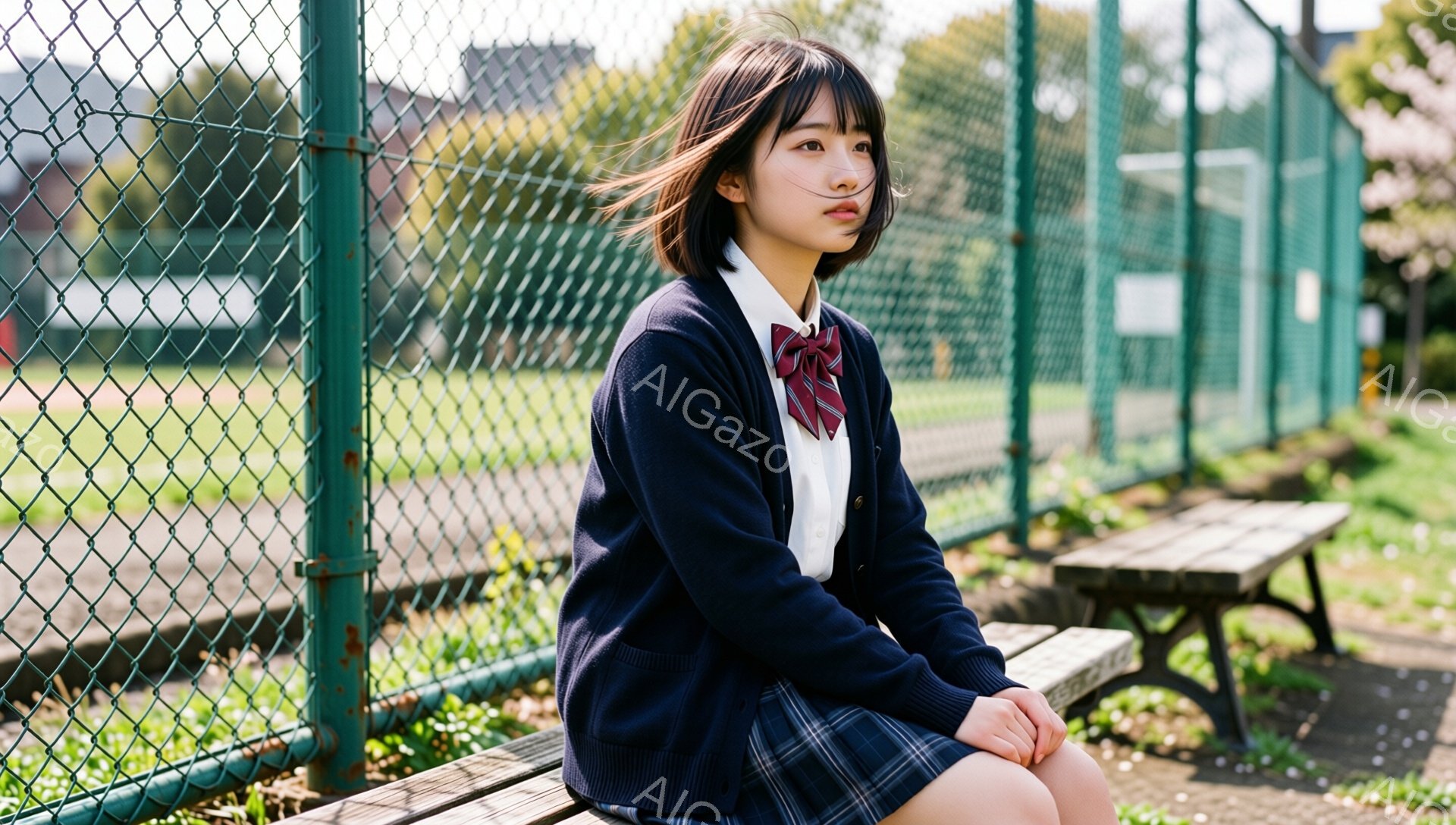 短い茶色の髪に、前髪が少し横に流れた女子高生が、紺色のカーディガン、白いシャツ、チェック柄のスカート、そして赤いネクタイを着用しています。彼女は木製のベンチに座って、少し憂いのある表情で遠くを見つめており、まるで何かを考えているかのようです。背景には緑のフェンスと、ぼやけた自然の風景が広がっており、春の穏やかな日差しが差し込んでいます。