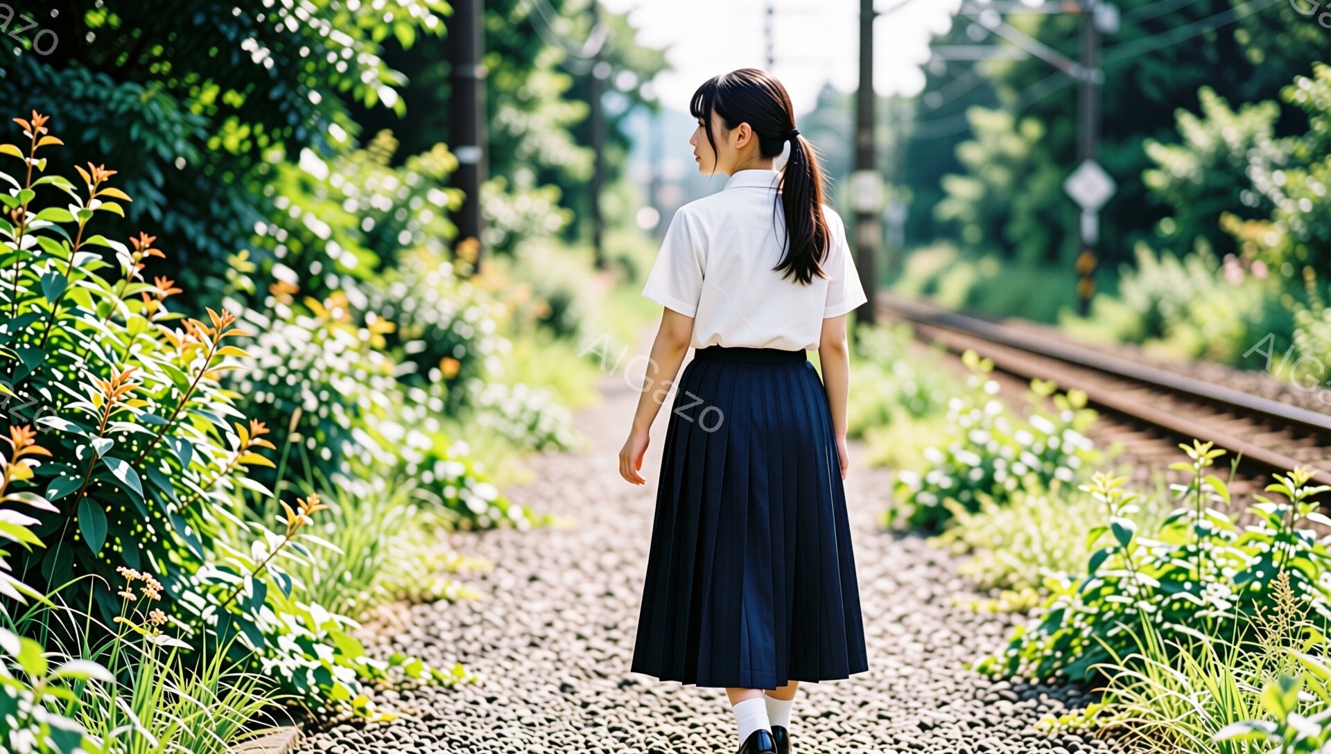 黒髪をポニーテールにした少女が、紺色のプリーツスカートと白いブラウス姿で、線路沿いの砂利道を歩いている。背景には緑豊かな植物が生い茂り、線路と空が広がっている。全体的に、少し寂しげでノスタルジックな雰 - AI生成フリー素材