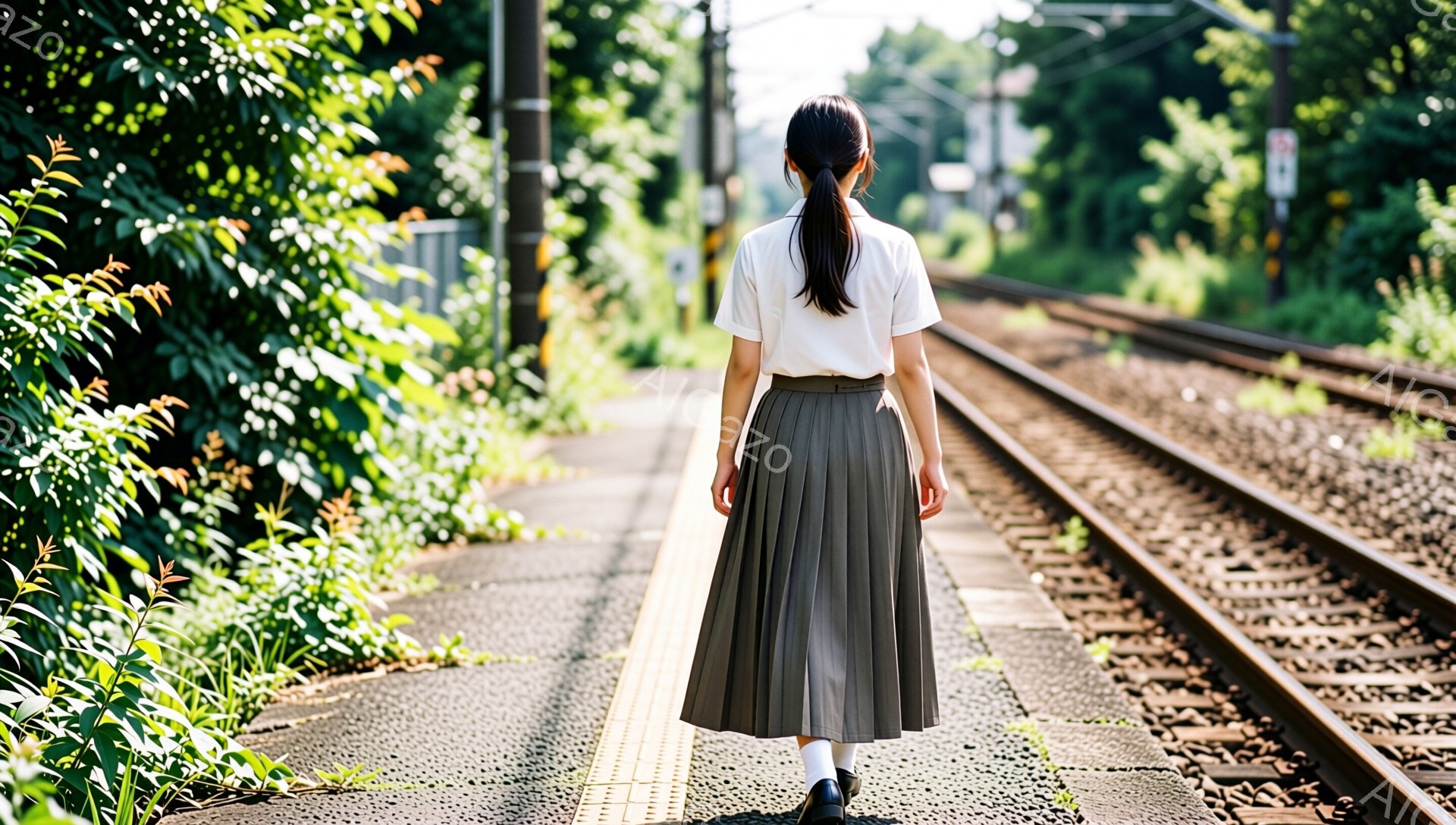 白いブラウスと緑がかった灰色のプリーツスカートを着用した女性が、鉄道の線路脇のプラットフォームに背を向けて立っている。彼女は髪を後ろで一つにまとめ、白い靴下と黒い靴を履いている。背景には緑豊かな植物が生い茂り、線路は遠くへと伸びており、穏やかで少し寂しげな雰囲気が漂っている。
