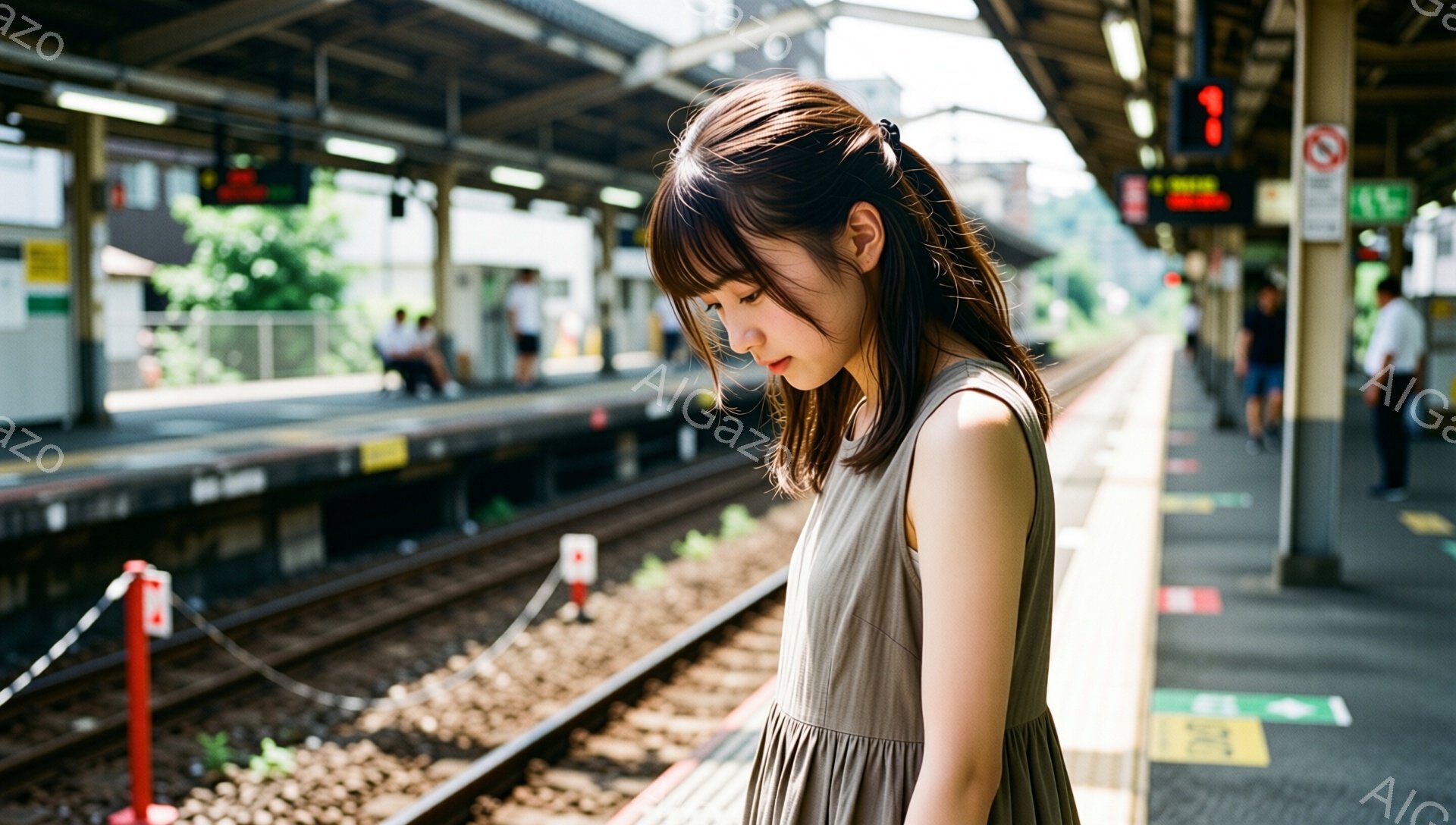 茶色のワンピースを着た若い女性が、線路沿いの駅のホームに立っている。彼女は前を向いており、少しうつむき加減で、長い茶色の髪が肩にかかっている。背景には、線路、プラットフォーム、そして他の人々が見え、穏やかな日差しが降り注いでいる、少し寂しげな雰囲気である。