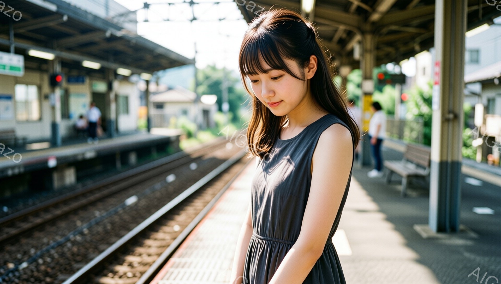 少女は、ダークグレーのワンピースを着て、肩まで伸びたダークブラウンの髪を軽くカールさせています。彼女は線路のプラットフォームに立ち、少しうつむき加減で何か考え込んでいるような表情をしています。背景には線路と緑豊かな自然が見え、晴れた日の穏やかな雰囲気が漂っています。
