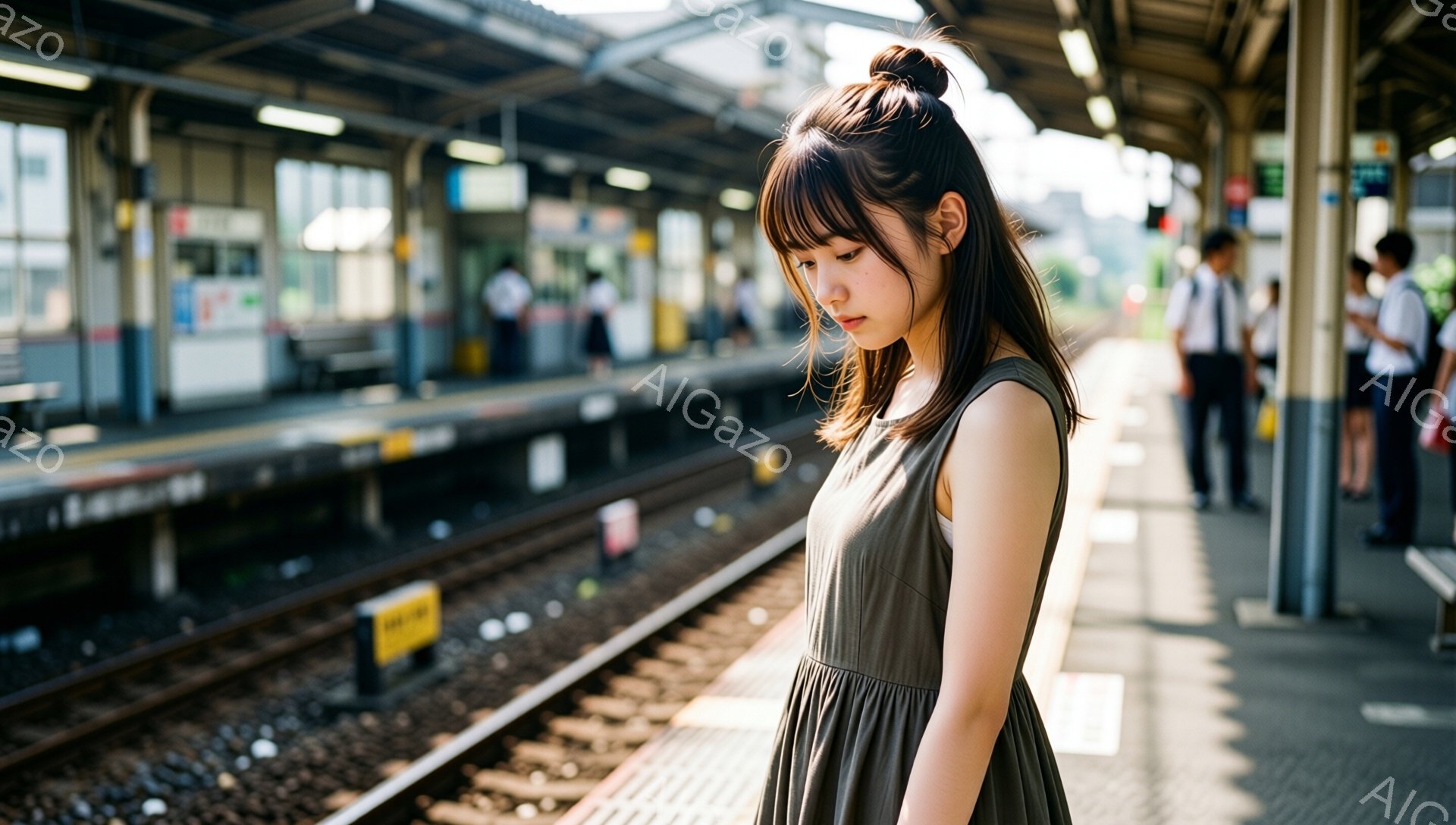 少女は駅のホームで、緑がかったワンピースを着て、少し憂いを帯びた表情で線路の方を見下ろしている。彼女は前髪を下ろし、サイドを緩やかに流したヘアスタイルで、姿勢はわずかに猫背になっている。背景には他の乗客や線路、そして駅の構造物がぼやけて写っており、全体的に少し寂しげで内省的な雰囲気が漂う。