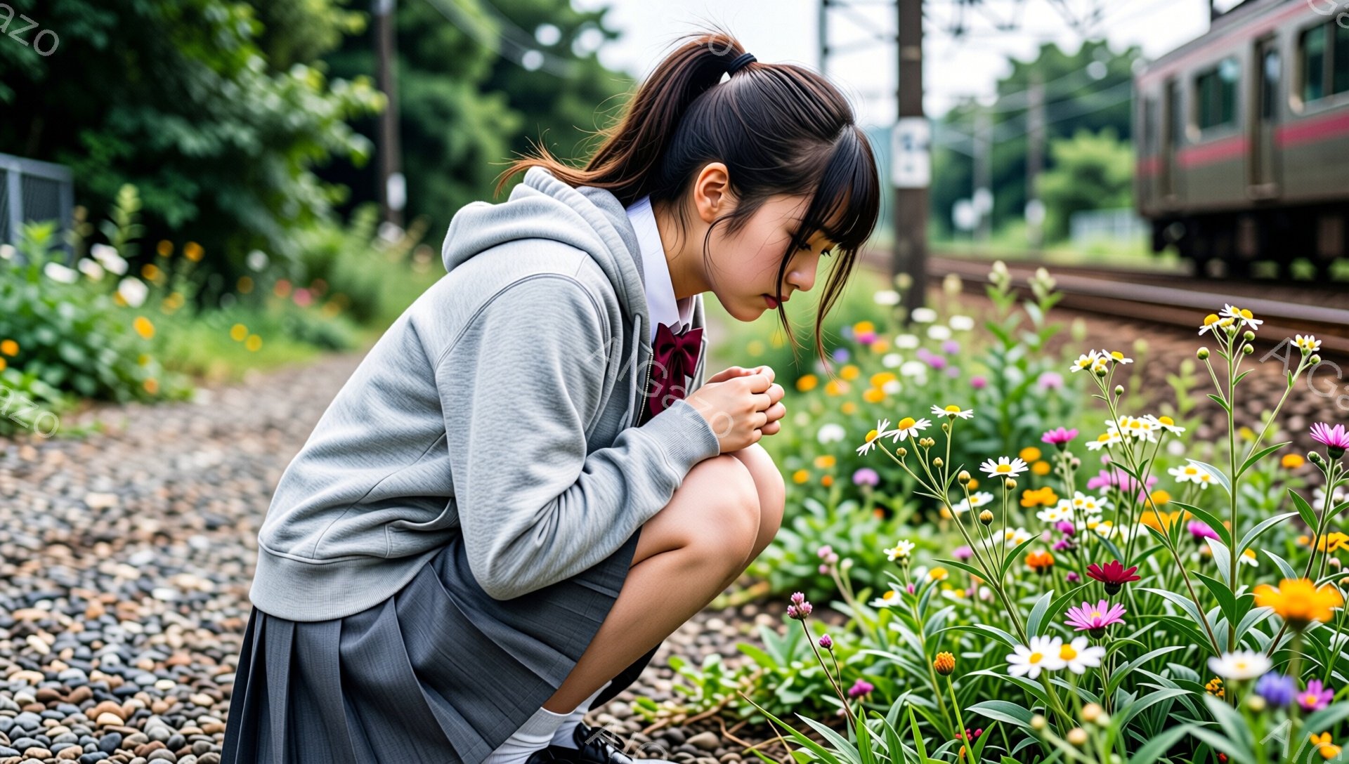 茶髪の少女が、線路脇の花壇に咲く花を見下ろしながら蹲っている。彼女はグレーのパーカーとスカートの制服を着ており、髪は後ろでポニーテールに結ばれている。背景には緑豊かな植生と、遠くに見える電車が写っており、少し曇り空の下、静かで穏やかな雰囲気が漂っている。
