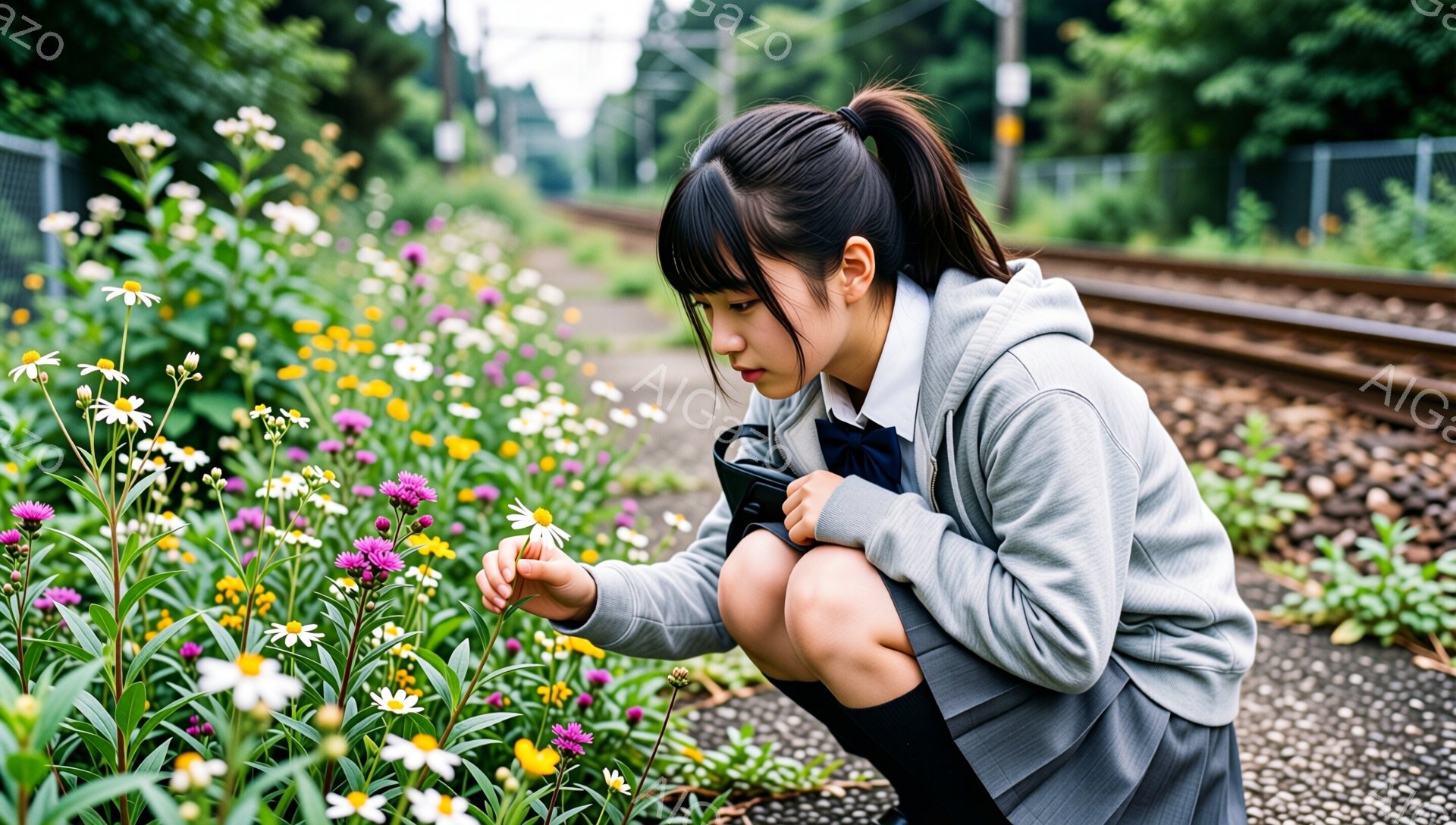 制服を着た若い女性が、線路脇の野花にひざまずいて興味津々に見つめています。彼女はグレーのパーカーとスカート、黒い靴下を履いており、髪は後ろでポニーテールにまとめています。背景には線路と緑豊かな植物が見 - AI生成フリー素材
