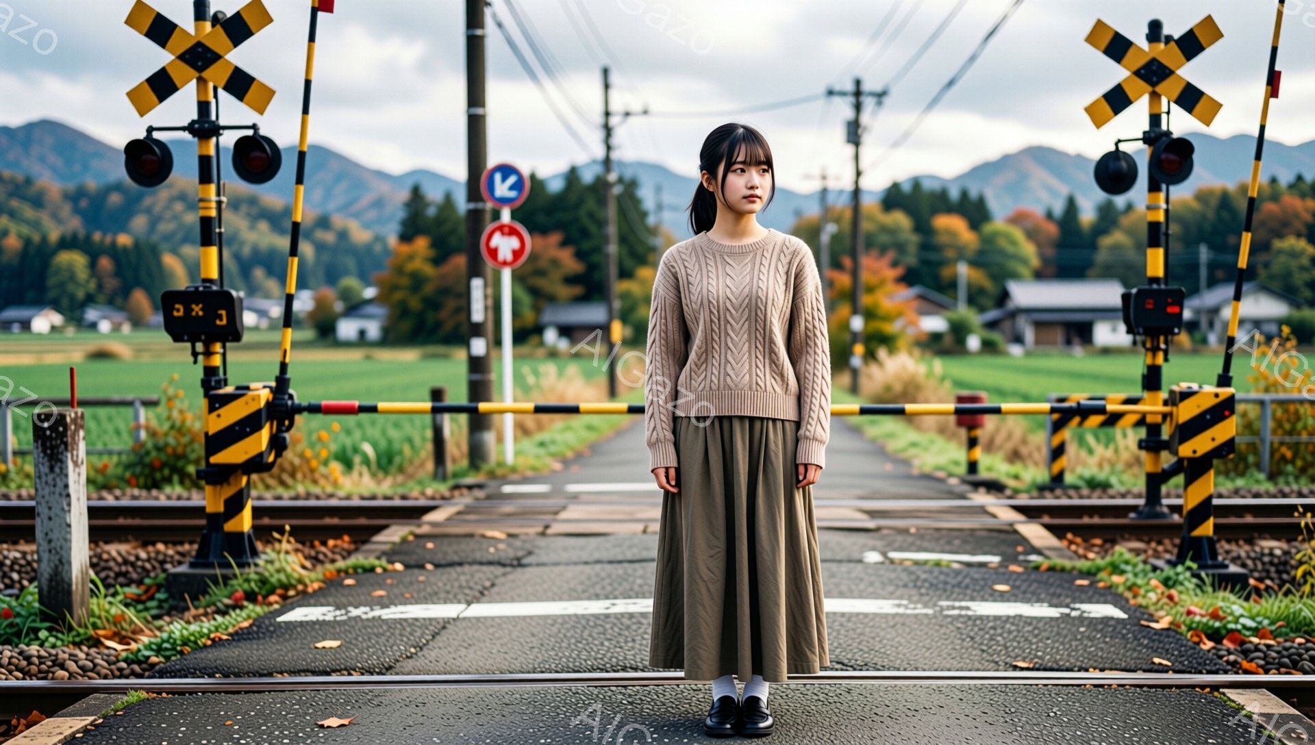 長い茶色の髪を下ろし、ベージュのセーターとオリーブグリーンのロングスカートを着用した若い女性が、線路の真ん中に立っている。彼女は少し物憂げな表情で、前を見つめている。背景には踏切、信号、そして緑豊かな丘陵地帯が広がり、曇り空の下で落ち着いた雰囲気を醸し出している。