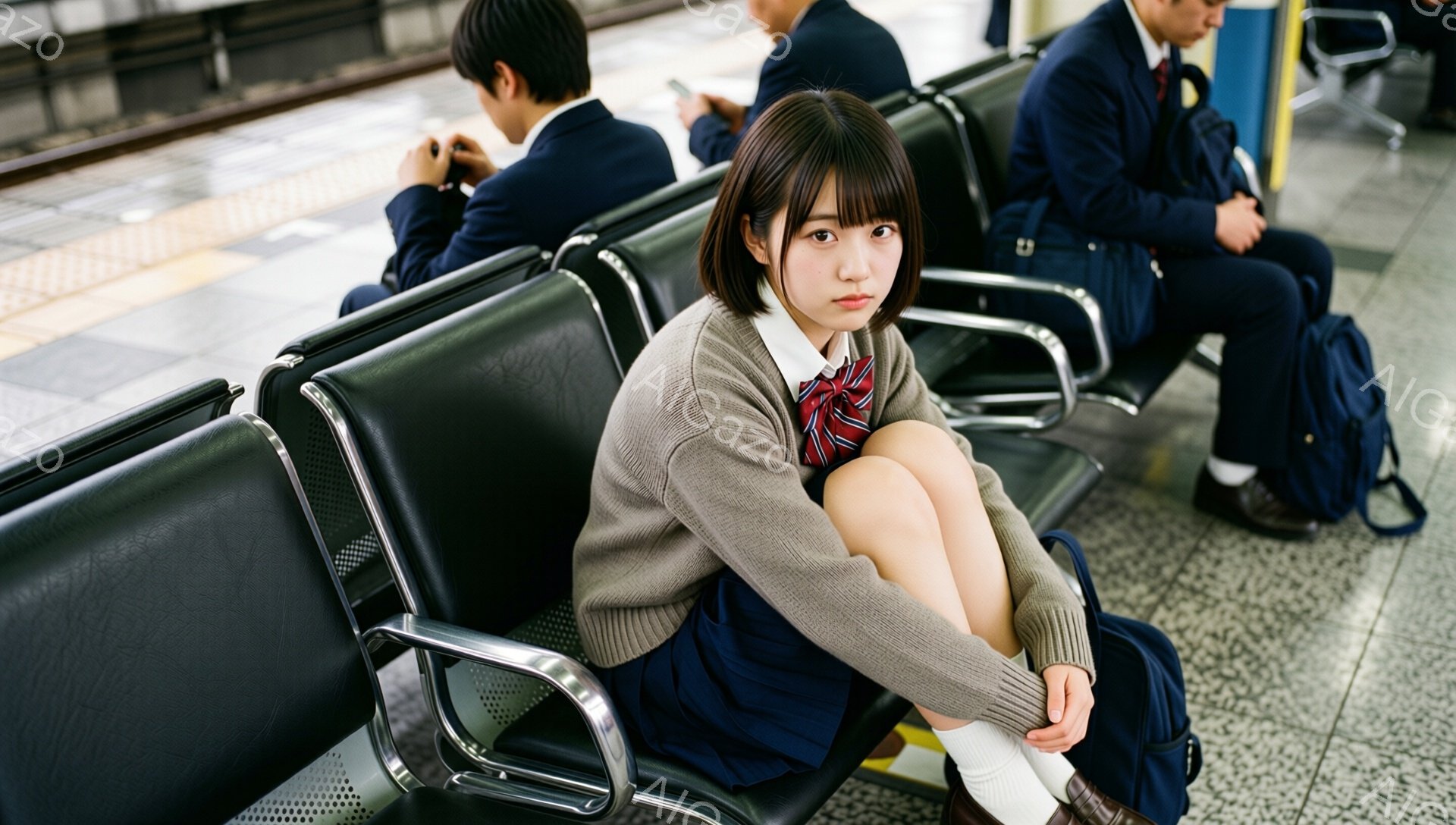 画像には、制服を着た女子高生が駅の待合室の椅子に座っています。彼女はベージュのカーディガン、ネイビーのスカート、そして膝下まで伸びる白いソックスを履いており、少し退屈そうな表情でこちらを見ています。背 - AI生成フリー素材