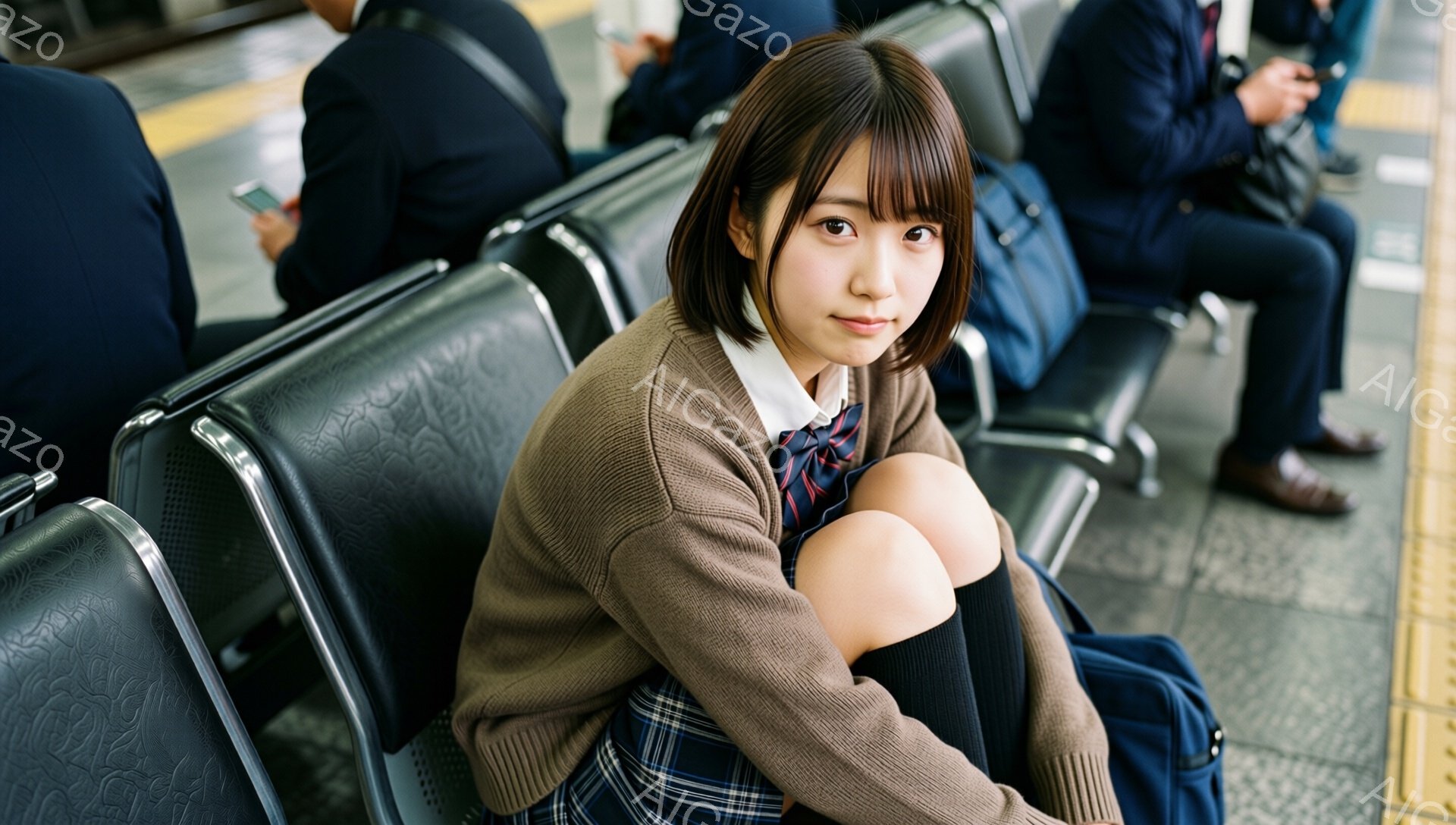 画像には、制服を着た若い女性が駅のベンチに座っている様子が写っています。彼女は茶色のカーディガン、白いシャツ、チェックのスカートを着用し、膝を抱えています。背景には他の乗客が座っており、全体的に静かで - AI生成フリー素材