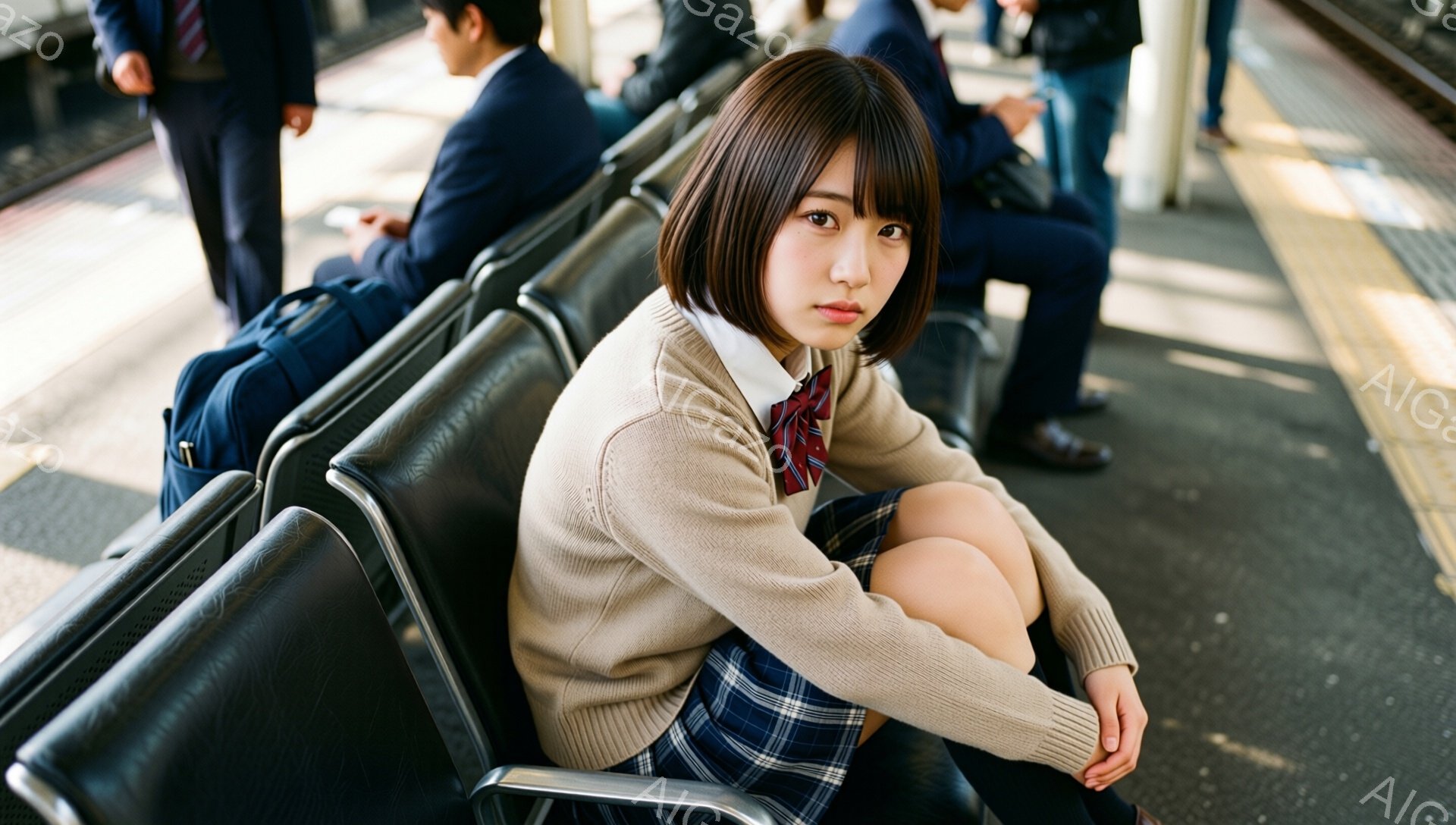 画像には、ベージュのカーディガン、チェック柄のスカート、ネクタイを着用した若い女性が、駅のベンチに座って描かれています。彼女は少し憂いを帯びた表情で、膝を抱えて座っており、周囲の騒がしさから少し距離を置いているようです。背景には他の乗客や駅の構造が見え、晴れた日の穏やかな光が差し込んでいます。