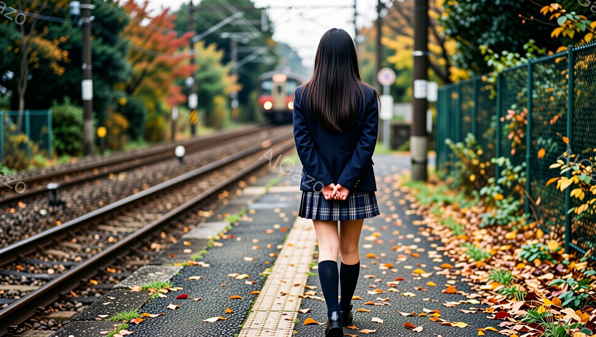 制服姿の少女が線路沿いのホームに立っている。紺色のブレザーとチェックのスカート、膝丈のソックスを履き、背中を見せているため表情は見えない。背景には緑豊かな木々と紅葉した葉が散りばめられ、遠くに電車が走る様子が見える、秋の寂しげでノスタルジックな雰囲気の風景だ。