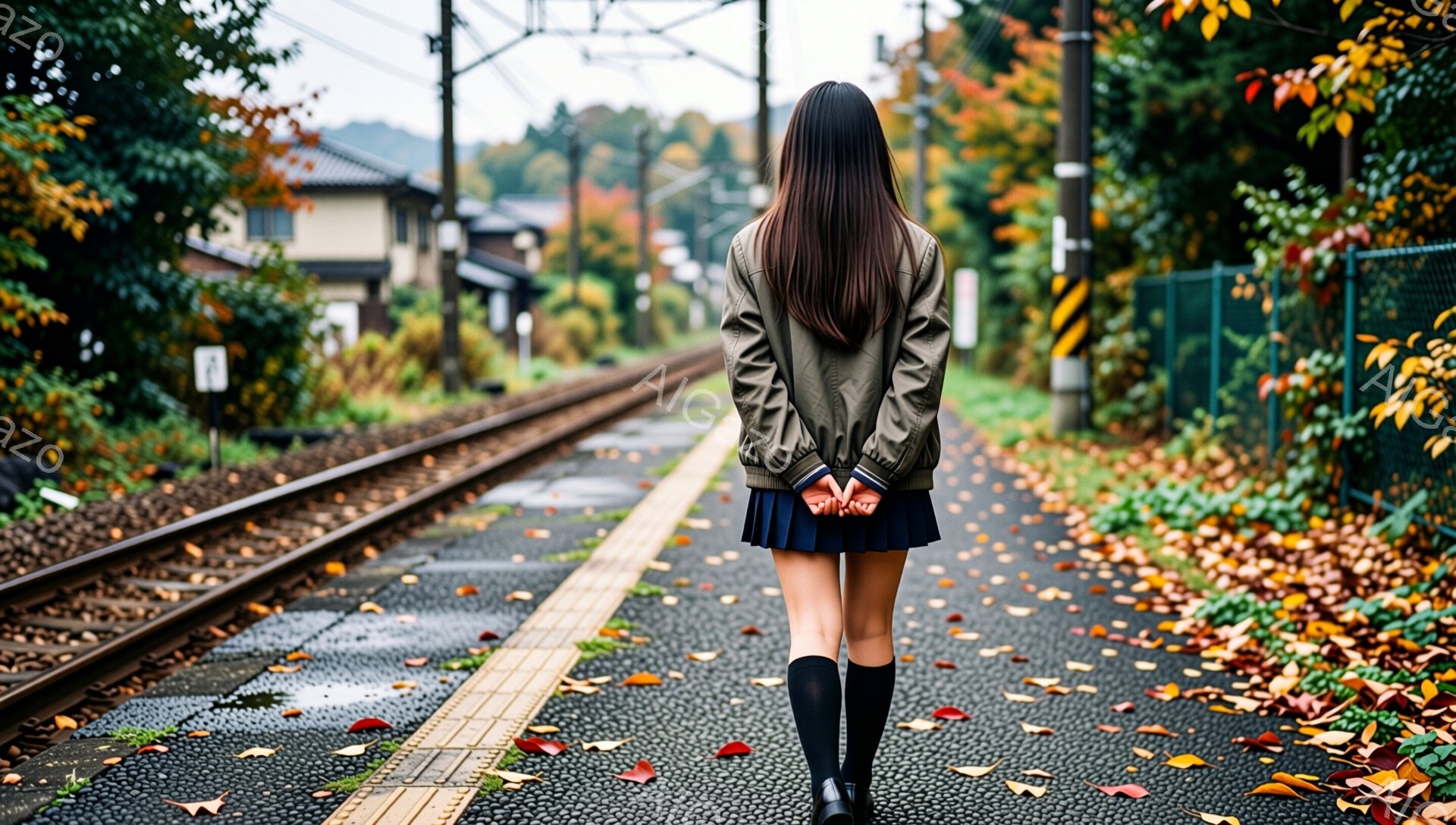 長い黒髪の女性が、線路沿いのホームに立っている。紺色のスカートと黒いハイソックス、そしてカーキ色のジャケットを着ており、両手を後ろで組んでいる。背景には紅葉した木々や建物が見え、地面には落ち葉が散らばっており、少し寂しげな秋の雰囲気が漂っている。